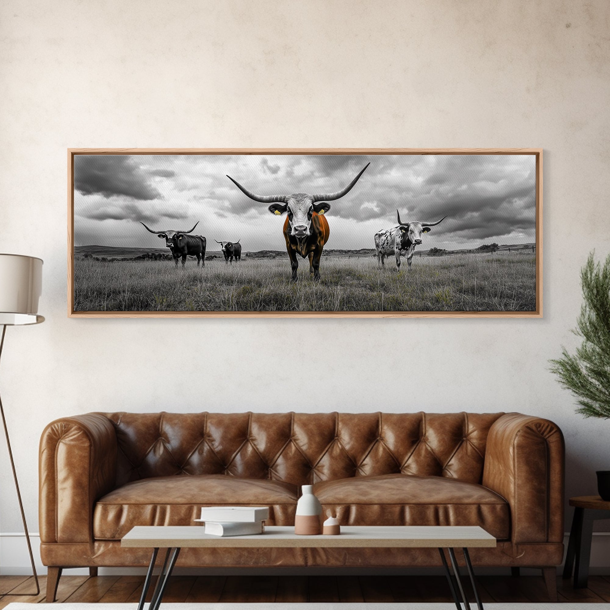 Texas Longhorns, Bull and Bear Art, Rustic Wall Art, Moody Art, Extra Wide Art, Framed Canvas Print, Horizontal Wall Art, Gift Idea