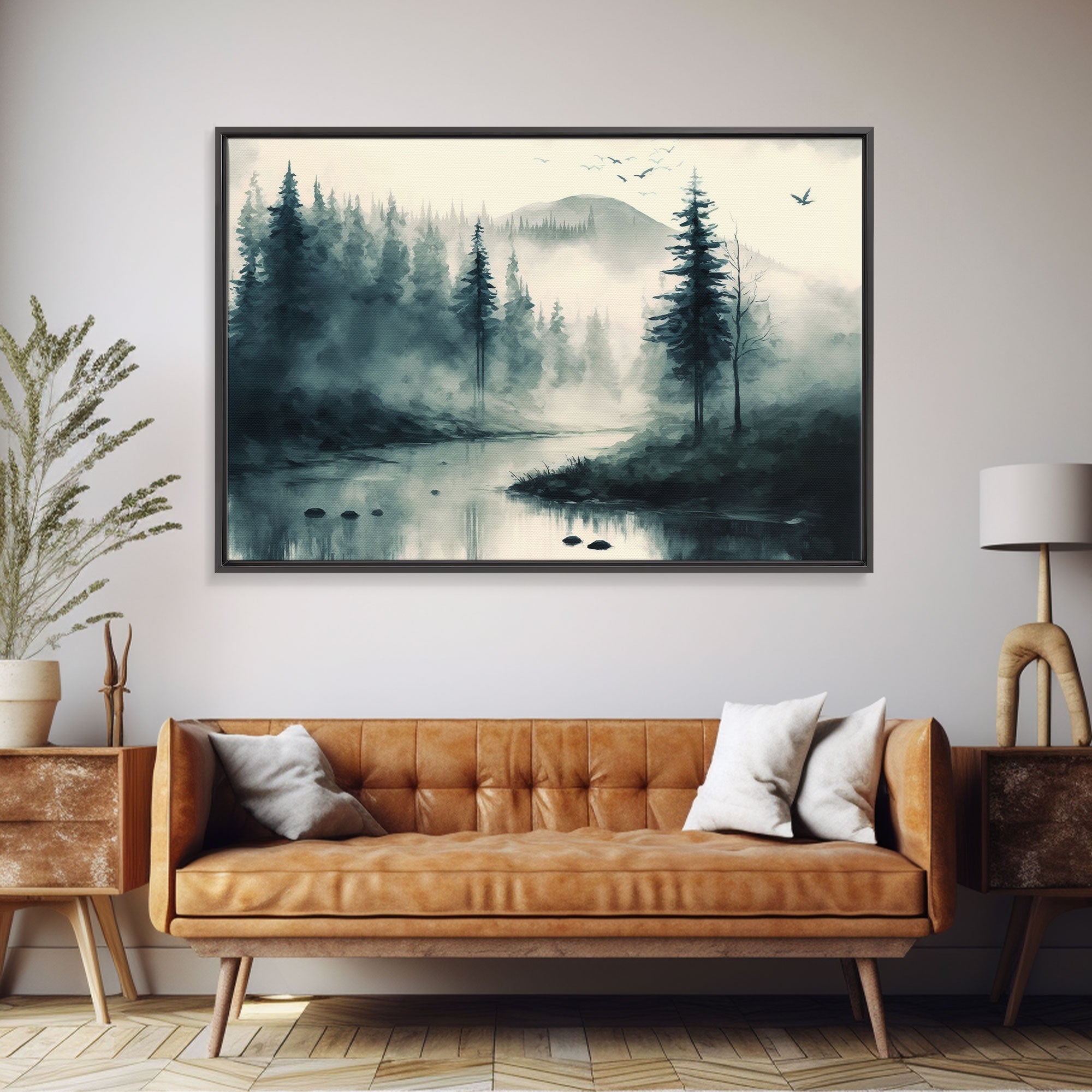 Watercolor of a foggy pine tree forest, framed canvas print, unique wall art, contemporary art, modern art