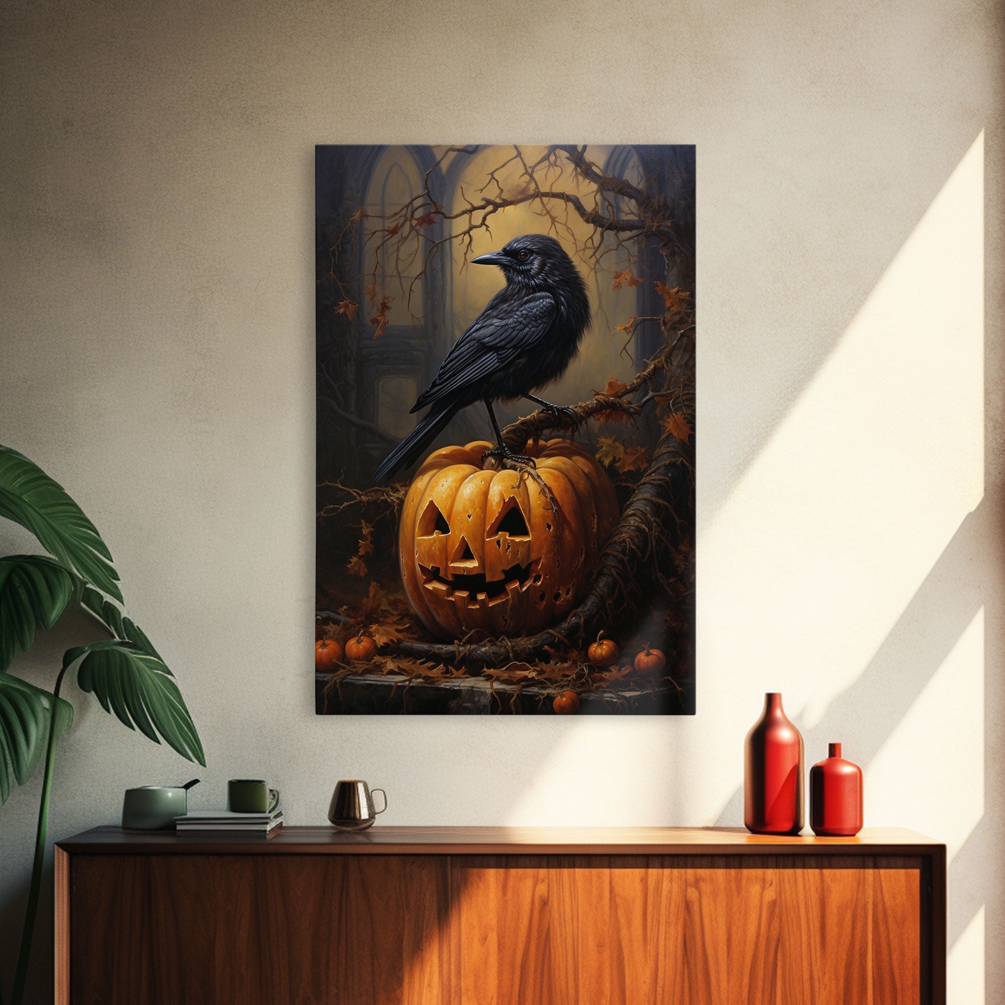 Raven Atop A Jack O Lantern, Framed Canvas Print, Halloween Decor, Raven Painting, Victorian Oil Painting Print, Macabre Horror, Witch Art