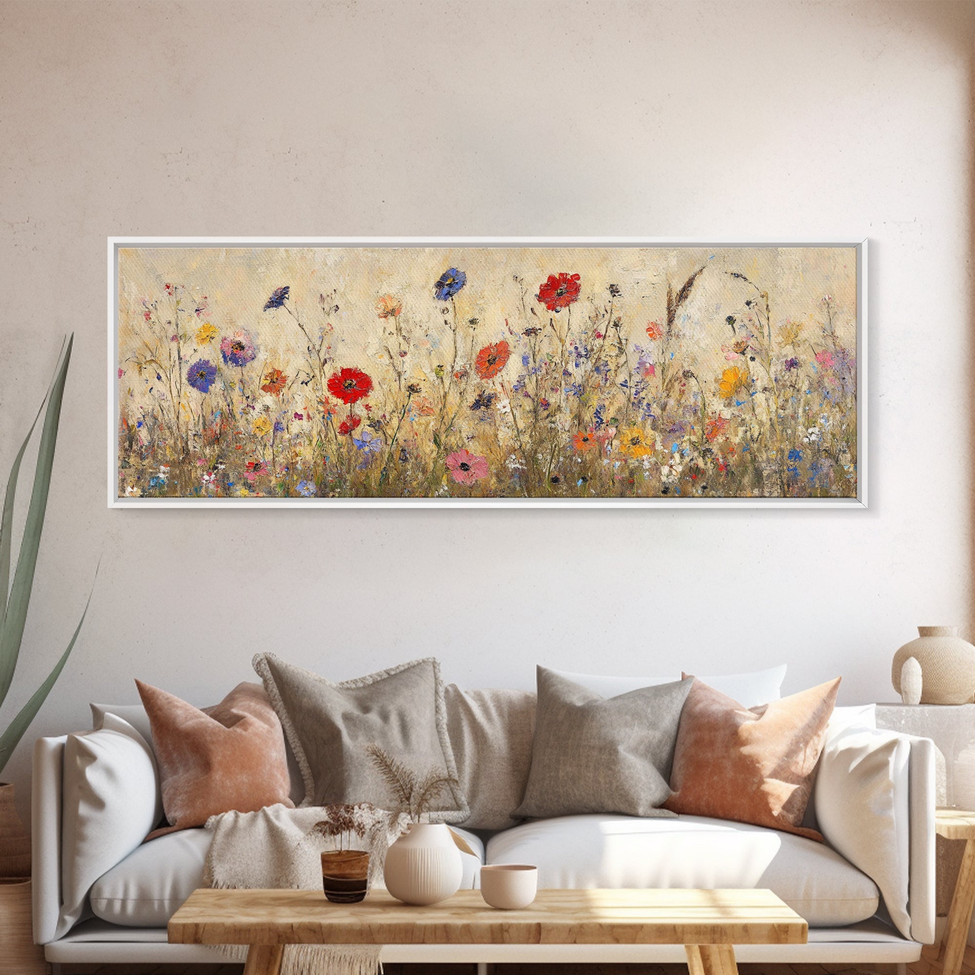 Field of Wildflowers, Spring Floral Decor, Oil Painting Canvas Print, Panoramic Art, Boho Floral Decor, Botanical Wall Art, Field of Flowers