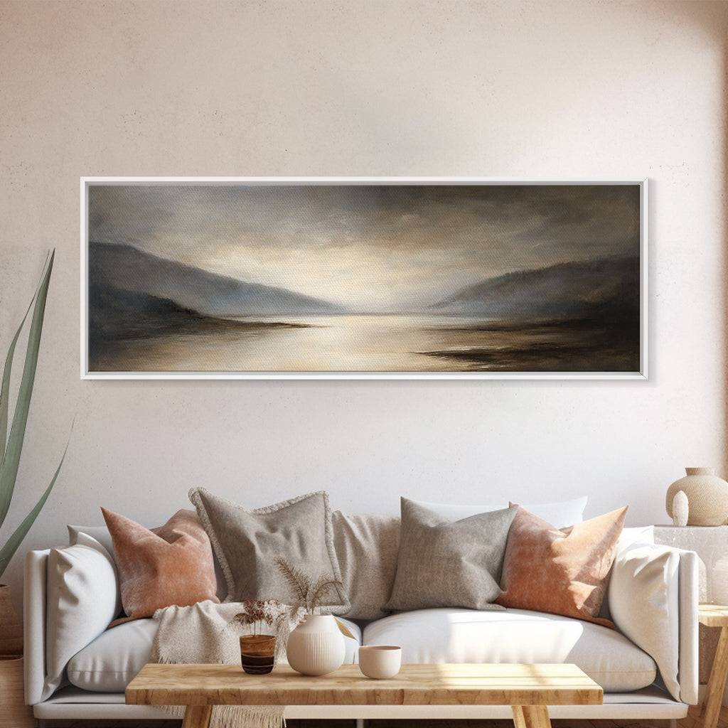 Moody Seascape Wall Art, Framed Canvas Print, Horizontal Panoramic Wall Art, Cloudy Day, Large and Wide Calm Decor, Modern Wall Art