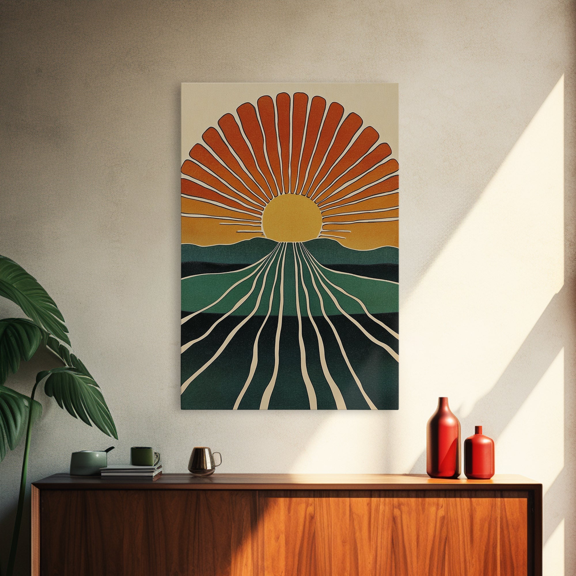 Minimalist Sunset or Sunrise Wall Art Canvas Print, Art Deco Boho Wall Decor, Modern Art, Sun Burst Wall Art