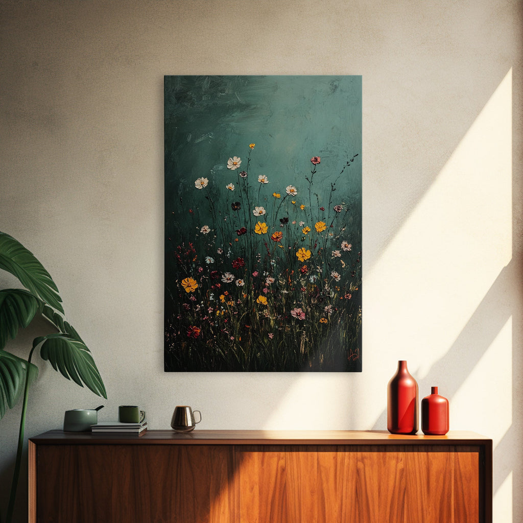 Dark & Moody Wild Flowers Print, Framed Canvas, Boho Decor, Wildflowers in a Rain Storm, Modern Farmhouse, Rustic Decor