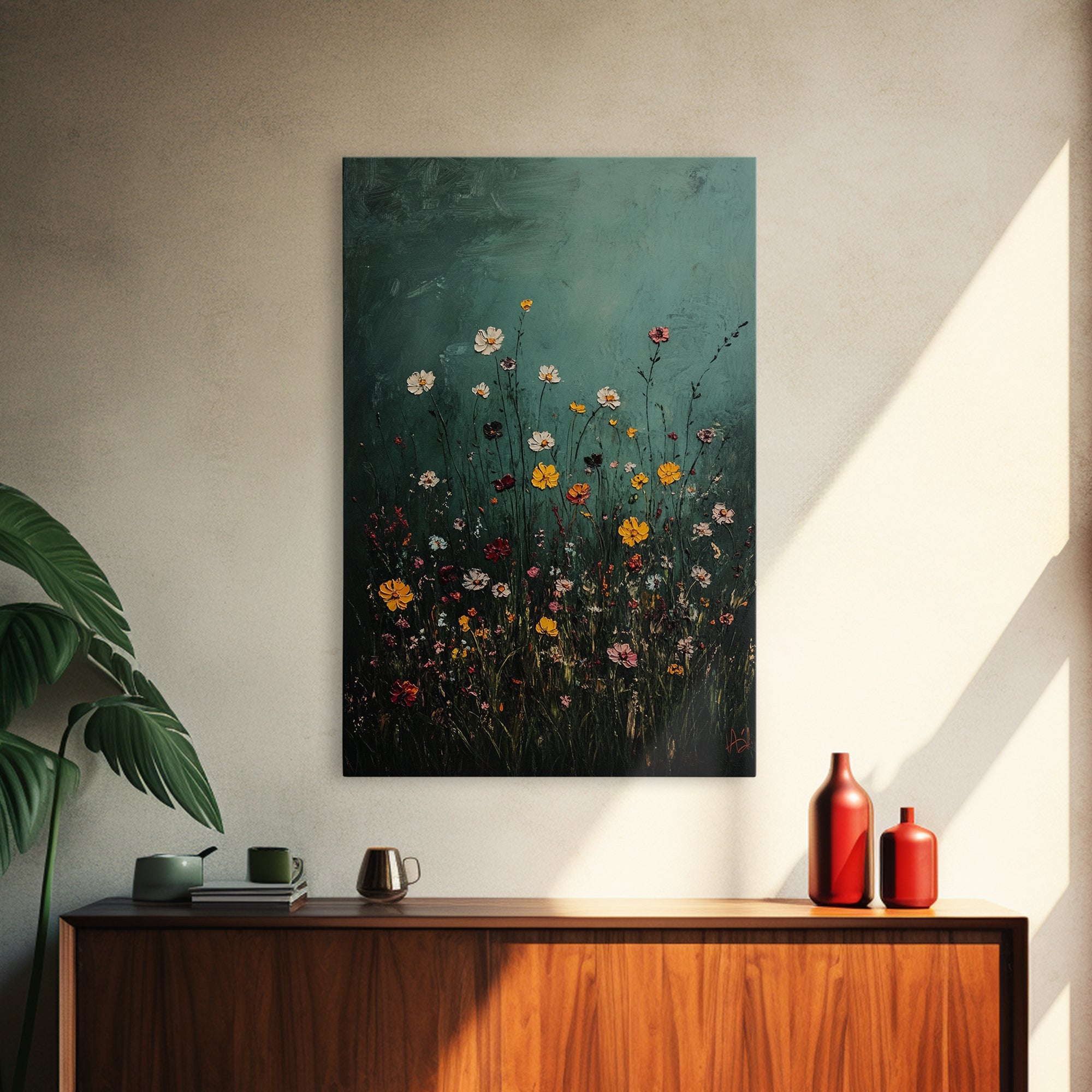 Dark & Moody Wild Flowers Print, Framed Canvas, Boho Decor, Wildflowers in a Rain Storm, Modern Farmhouse, Rustic Decor
