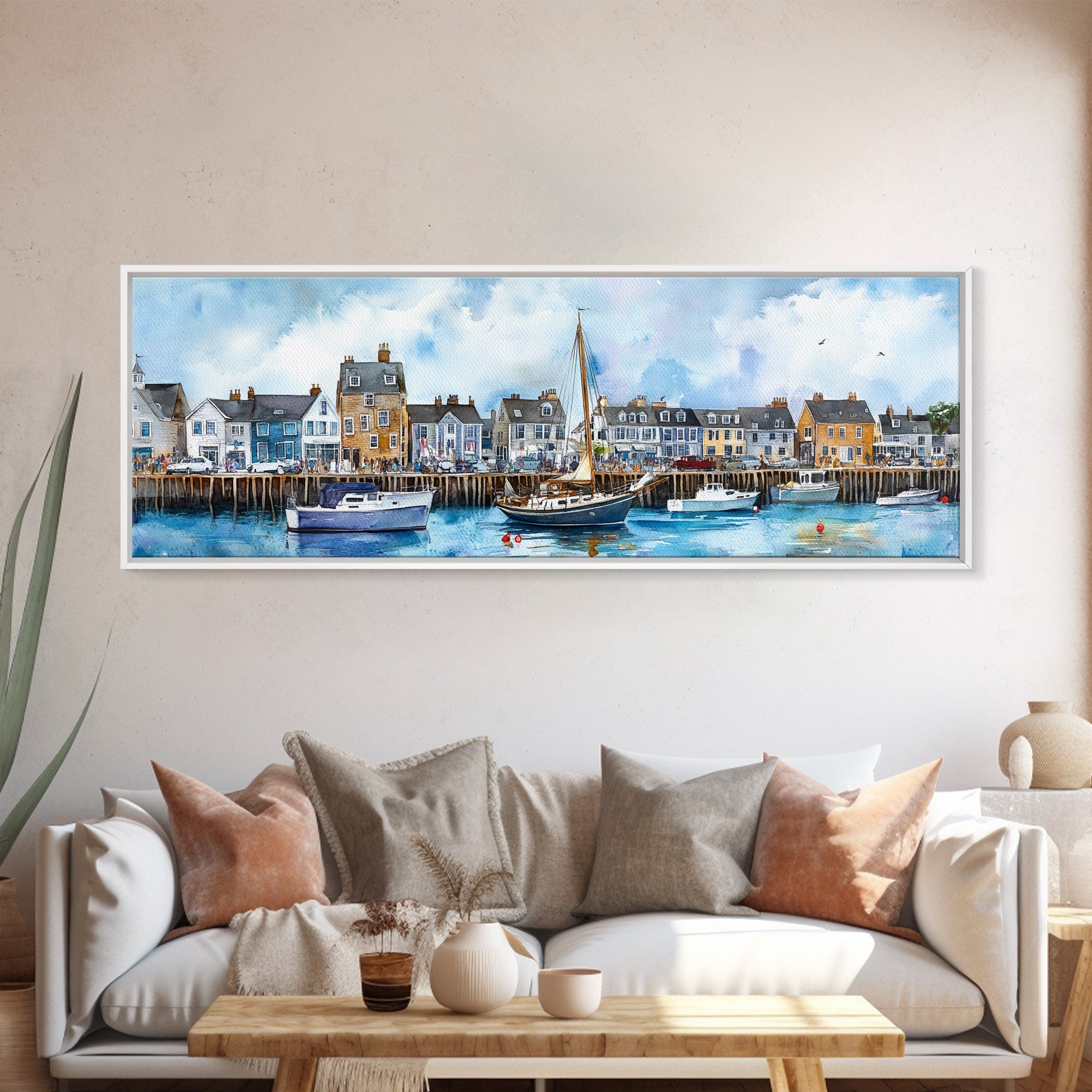 Nantucket Massachusetts Wall Art Framed Canvas Print, Nantucket Painting, Nantucket Nautical Decor, Nautical Landscape Painting