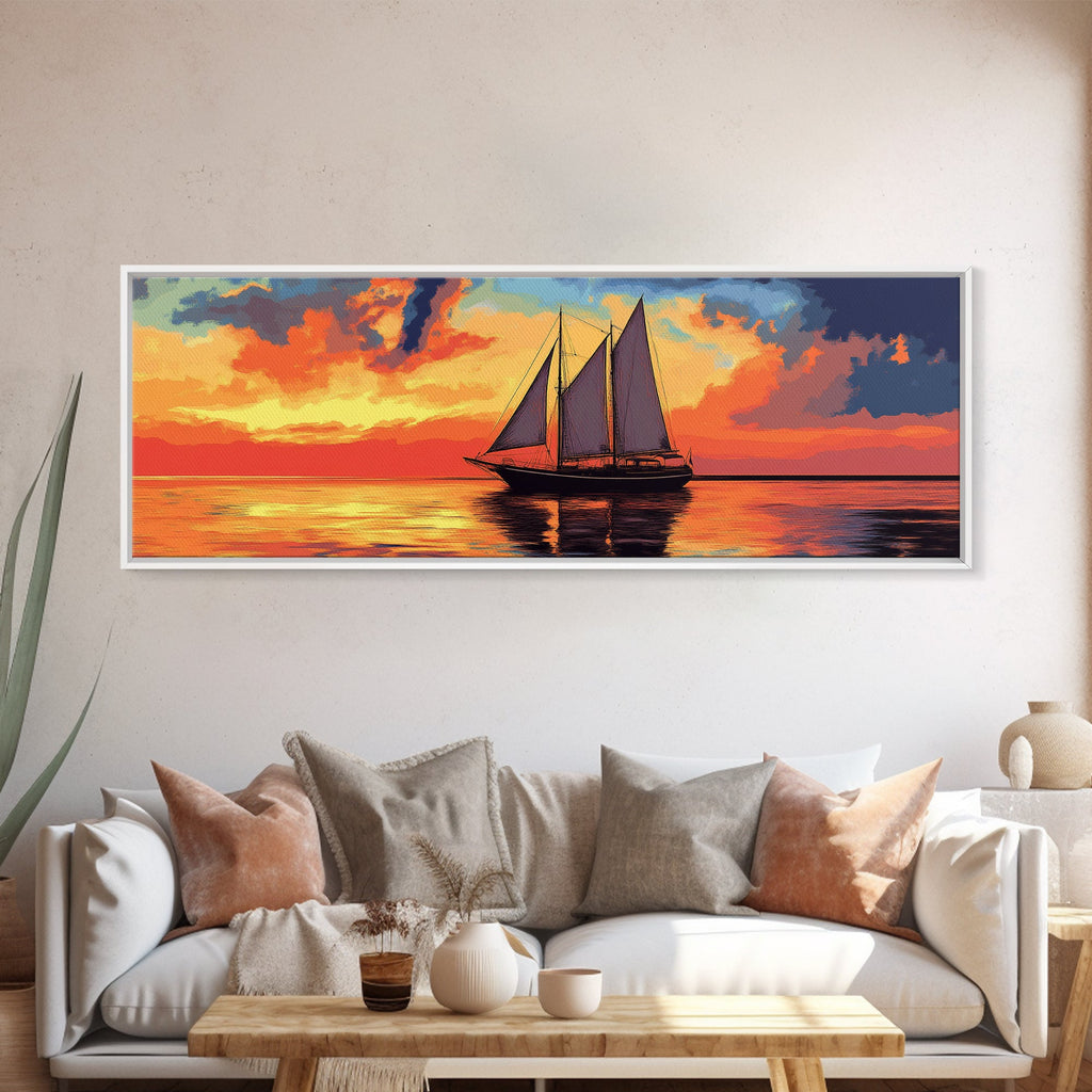 Pirate Ship at Sunset Framed Canvas Print - Panoramic Wall Art - Sailboat Painting - Sail Boat Art - Nautical Decor - Lake House Art