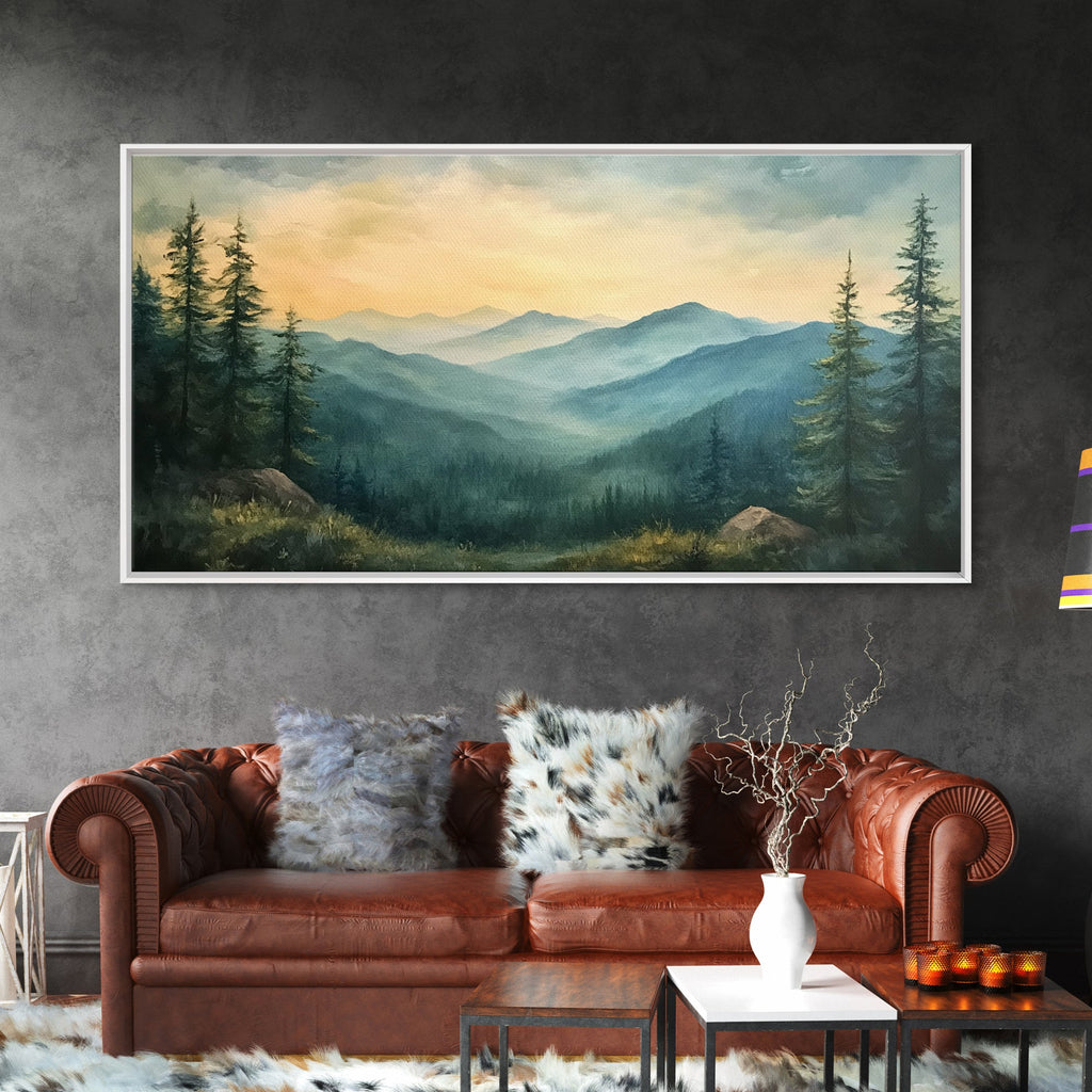 Minimalist Watercolor Painting Print of The Blue Ridge Mountains, Framed Canvas Print, Modern Landscape Painting