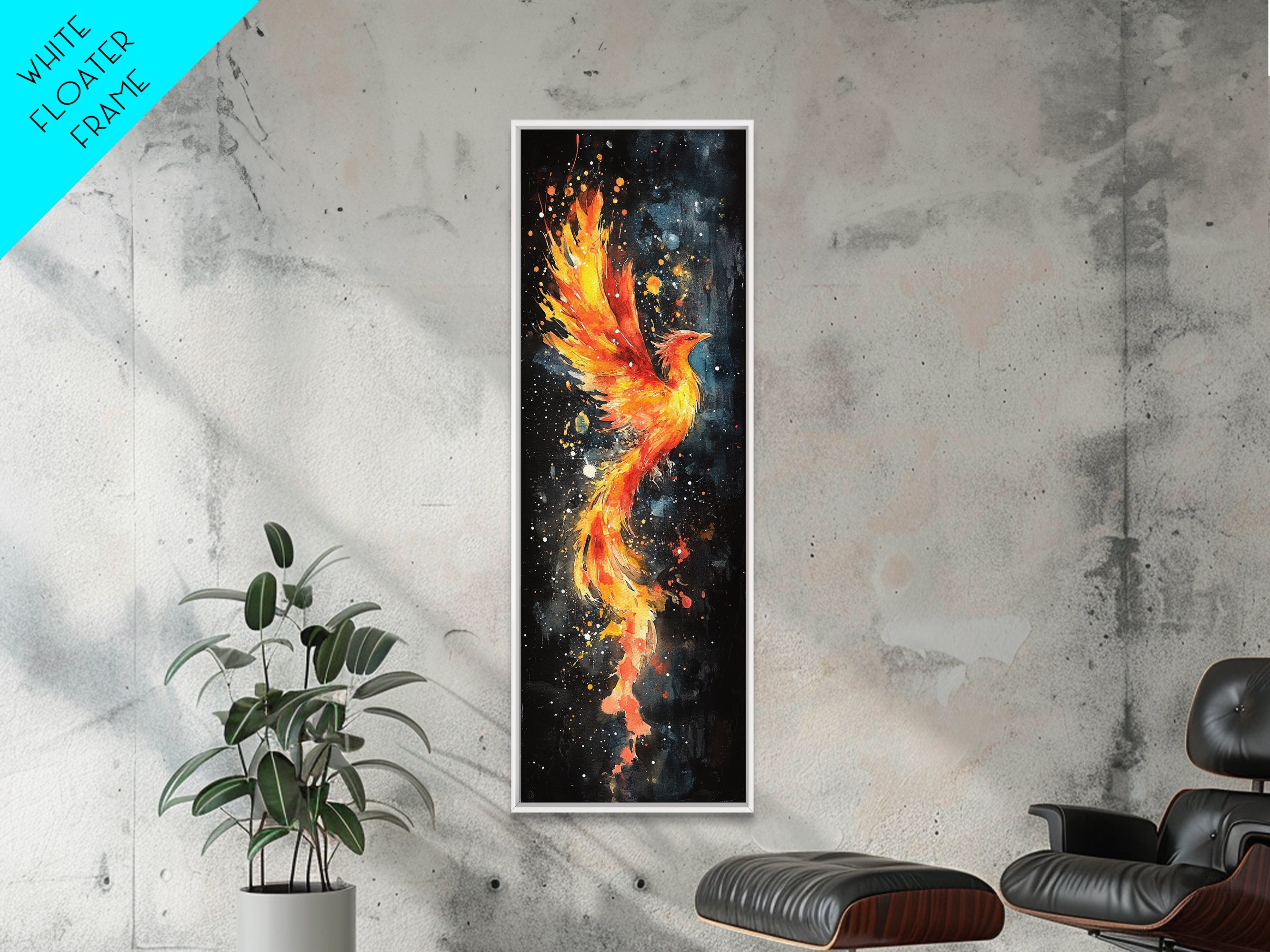 Flaming Phoenix Illustration Canvas Print, Tall Skinny Art for Bedroom Decor, Mythical Creature Wall Art with Framed Option, Space Art