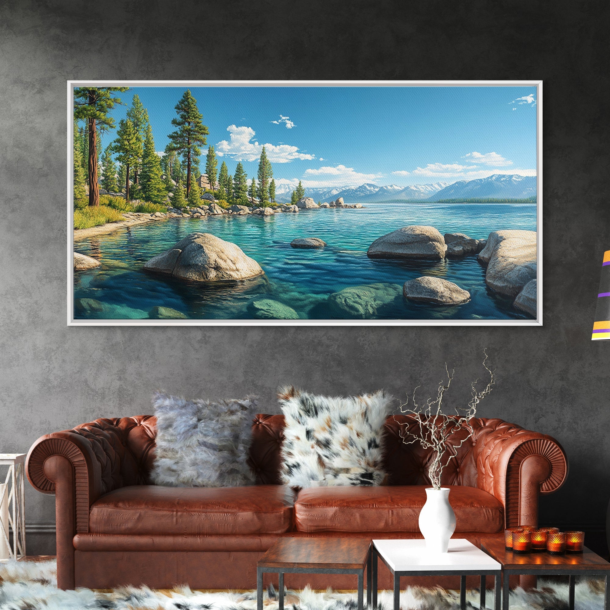Lake Tahoe Landscape Canvas Print Rustic Wall Art Coastal Nature Scene Above Bed Artwork Living Room Decor Panoramic Painting