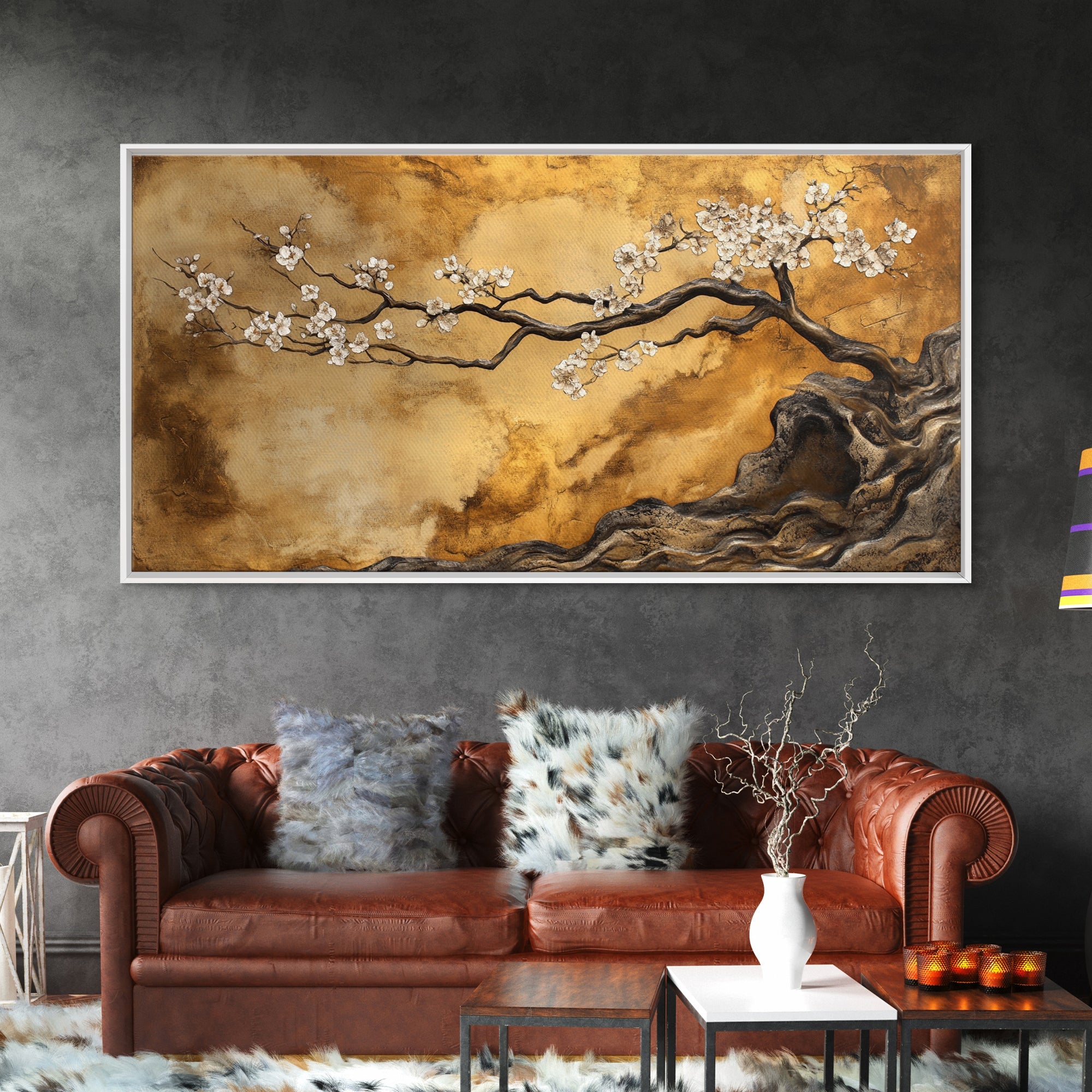 Framed Canvas Print of Golden Cherry Blossom Art in Chinoiserie Style with Metallic Details, Elegant Botanical Wall Art Gift