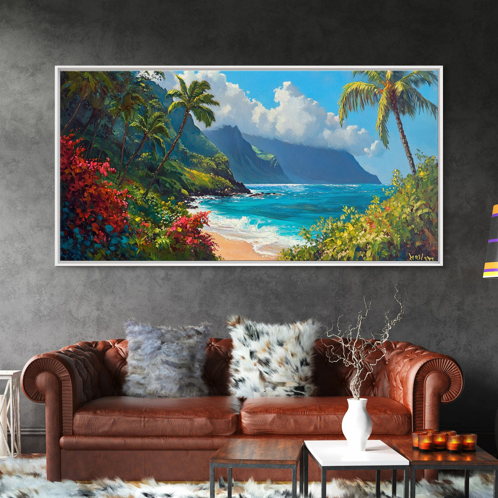 Lush Hawaiian Coast Canvas Print Coastal Painting Nautical Wall Art Panoramic Art Tropical Landscape Art Above Bed Wall Art Gift Idea