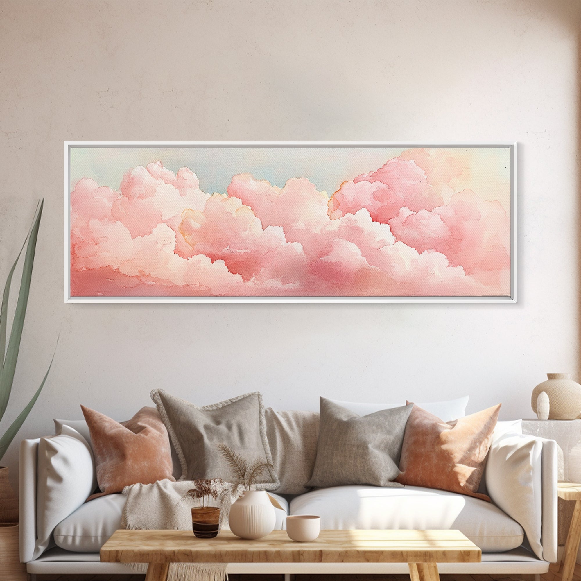 Dreamy Pink Clouds Canvas Print, Light Pink Wall Art, Minimalist Sky Art, Bedroom Decor, Soft Pastel Landscape Art, Horizontal Wall Art