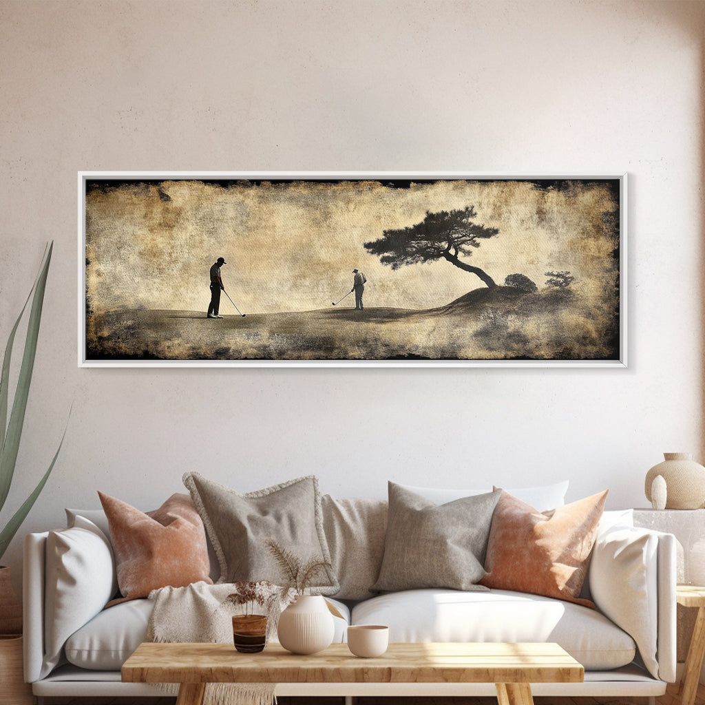 Vintage Golfers Landscape Framed Canvas Print – Rustic Wall Art, Golf Art, Horizontal Wall Art, Living Room Art, Tall Narrow Art