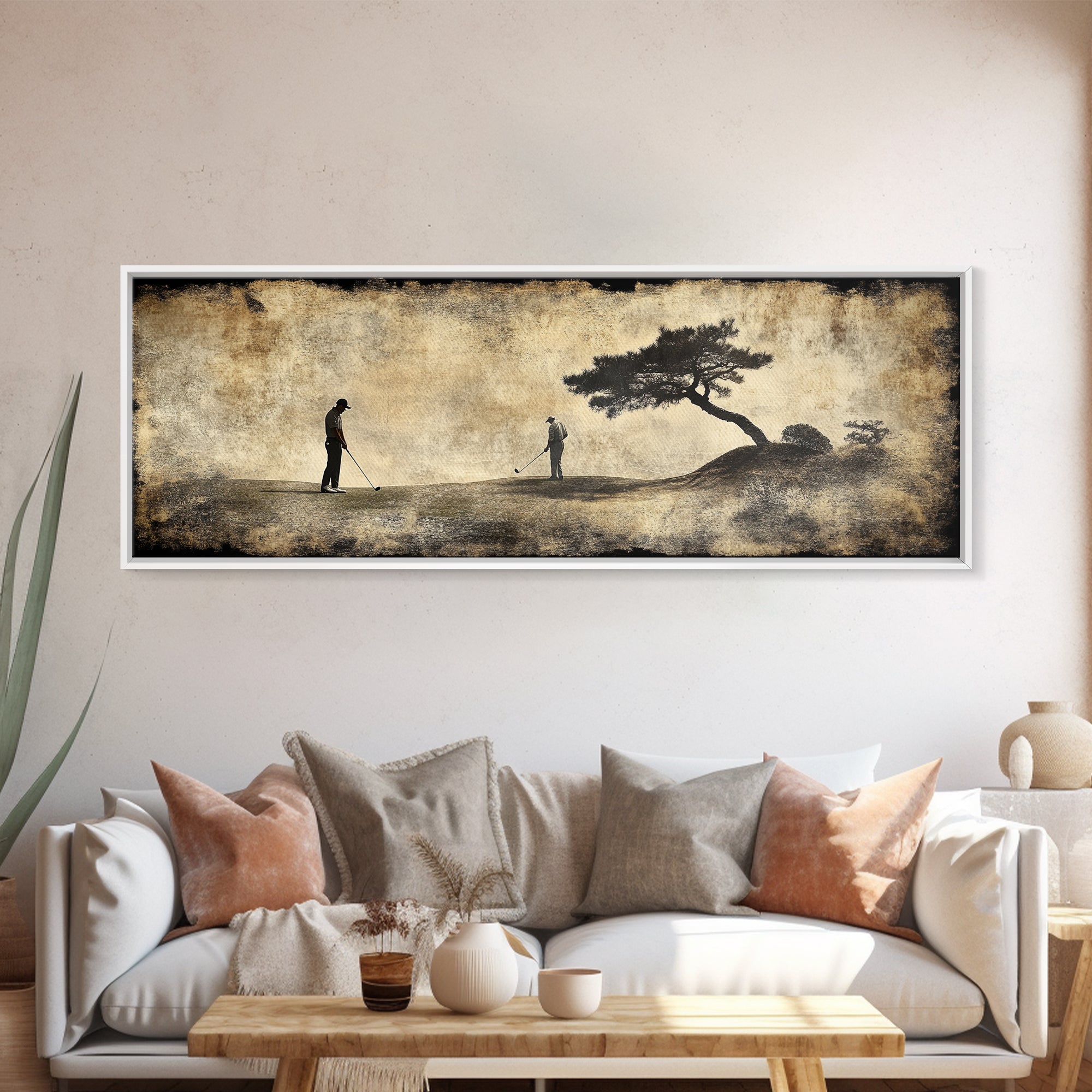 Vintage Golfers Landscape Framed Canvas Print – Rustic Wall Art, Golf Art, Horizontal Wall Art, Living Room Art, Tall Narrow Art