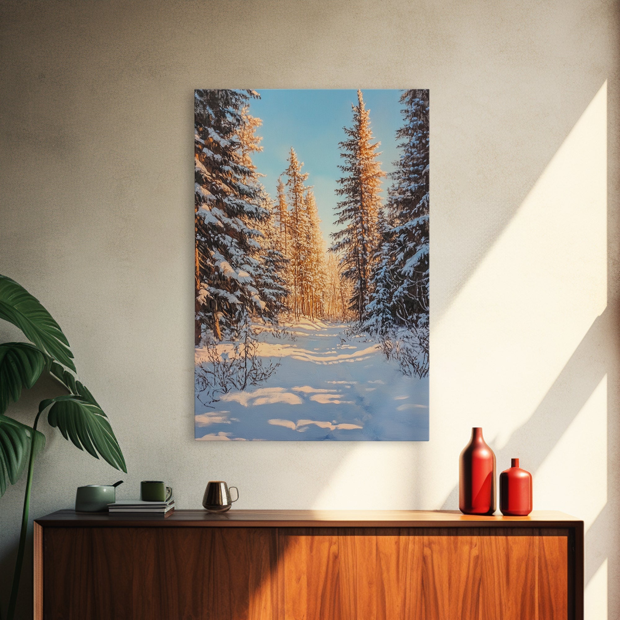 Winter Wonderland Framed Canvas Print, Snowy Forest Landscape Painting with Pine Tree Art, Cozy Rustic Wall Decor