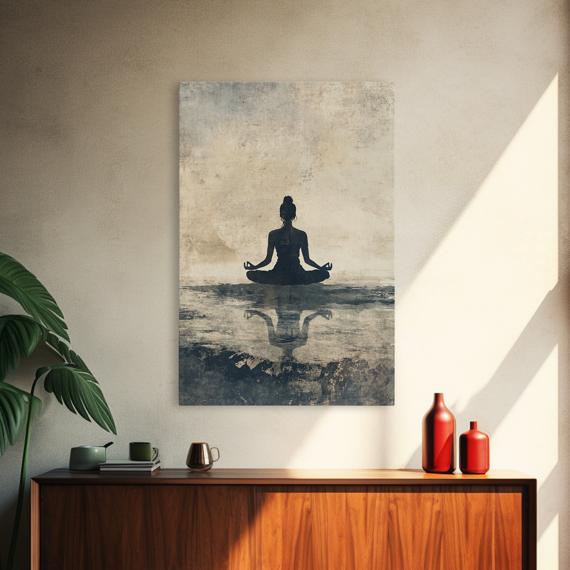 Meditative Silhouette Canvas Print with Wabi Sabi Art, Minimalist Zen Wall Art, Neutral Sage Green Decor, Yoga Art for Relaxation