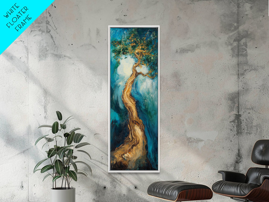 Twisting Tree, oak tree art, nature painting, forest at dusk painting, textured wall art, Framed Canvas Print, vertical wall art