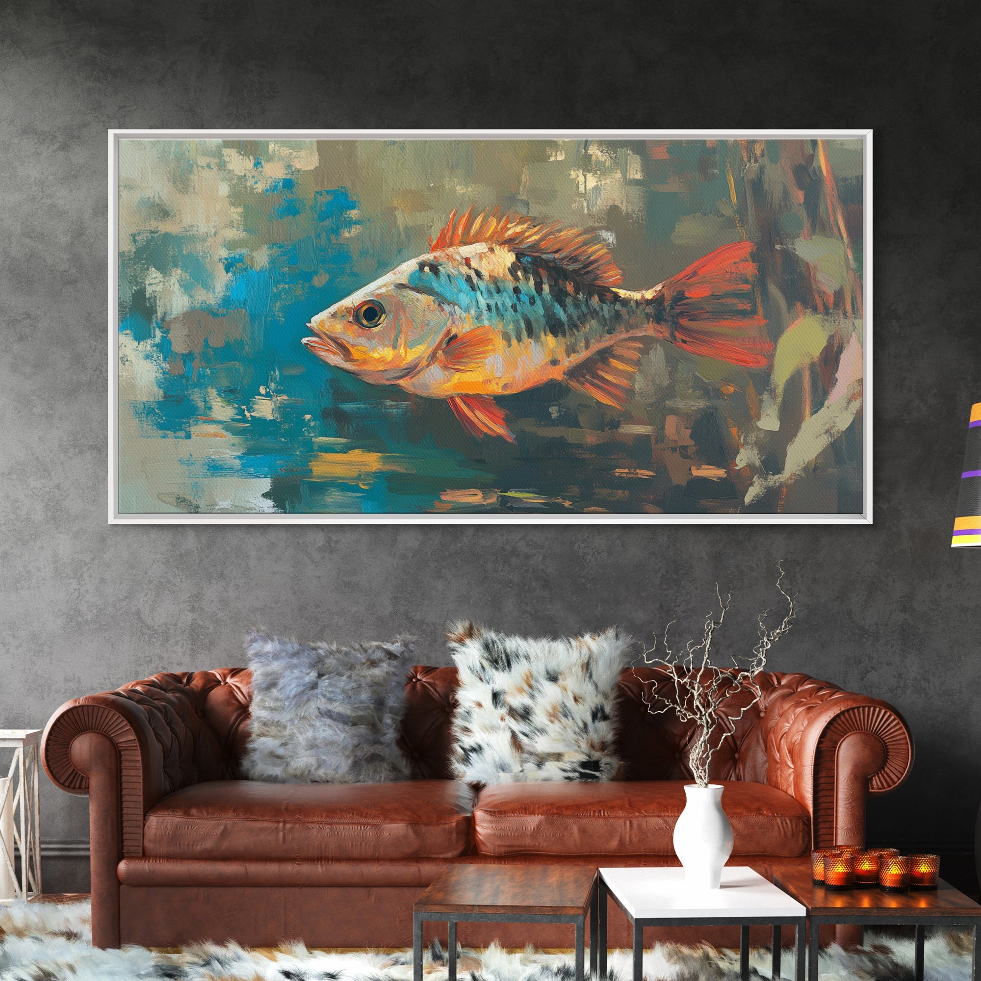 Trout, fish, colorful painting, fisherman painting, rustic wall art, trout art, framed canvas print, extra wide art, gift idea