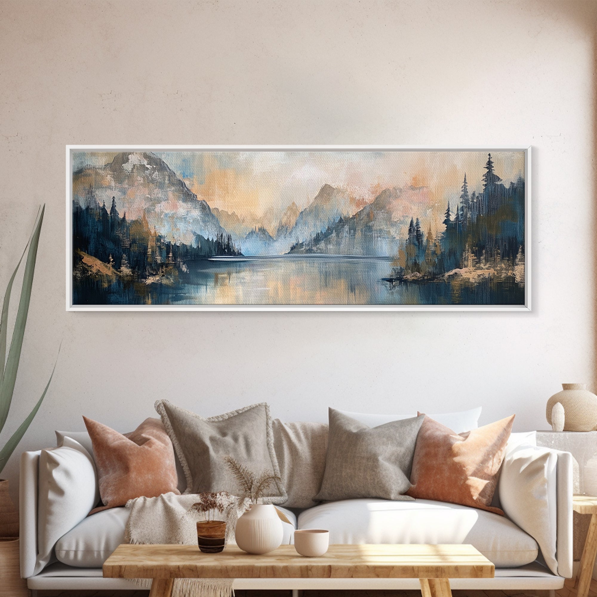 Mountain Lake Reflection Framed Canvas Print - Tranquil Nature Painting, Neutral Home Decor, Minimalist Landscape Wall Art