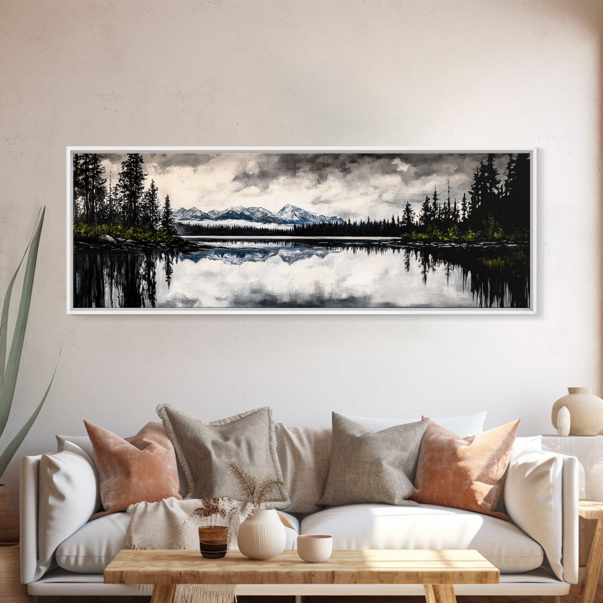 Mountain Reflection, Tranquil Lake Art, Black and White Landscape, Nature Inspired Decor, Framed Canvas Print, Cabin Wall Art, Moody Forest Scene