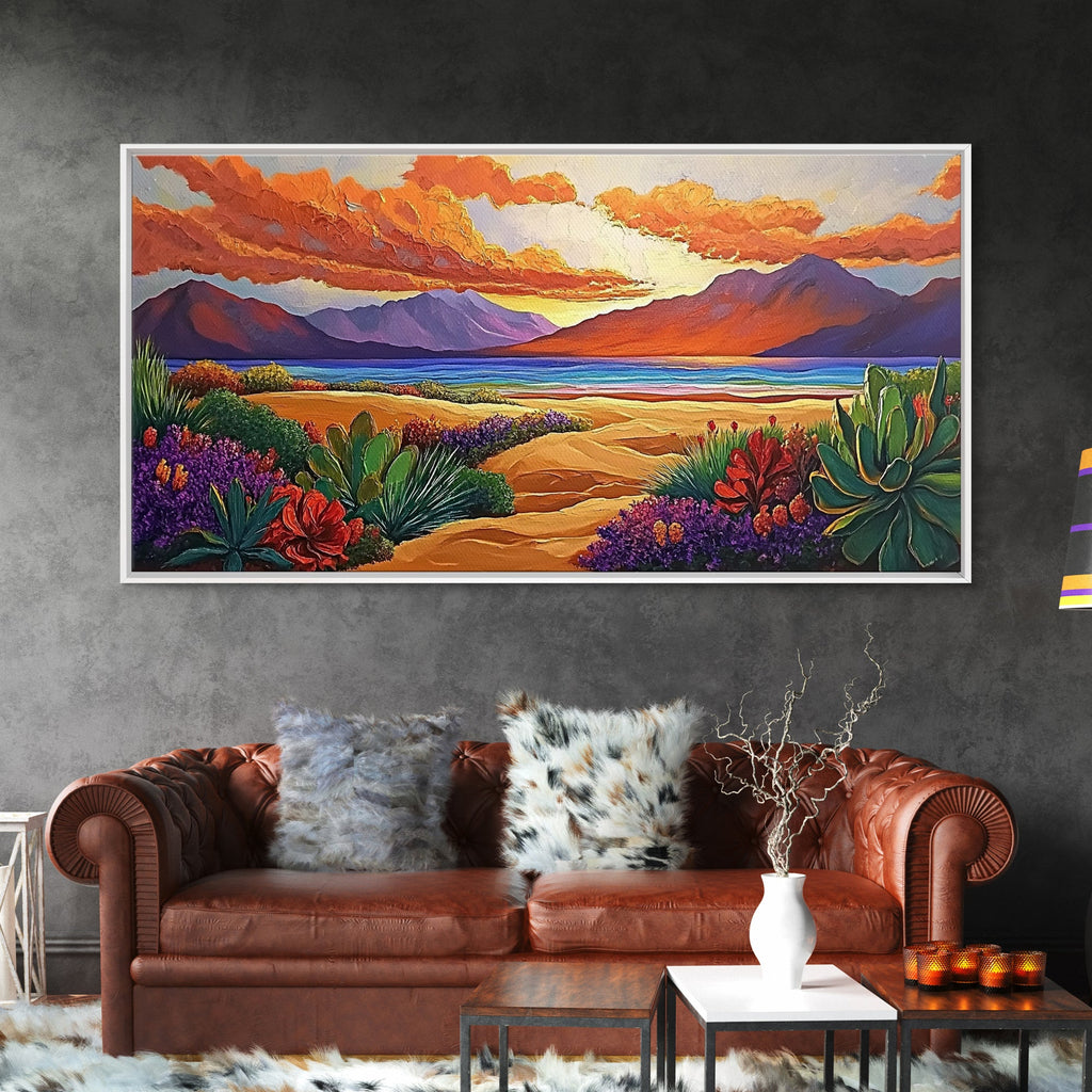 Sunset Desert, Mountains, Canvas Print, Vibrant desert landscape art with sunset sky and mountains, perfect Living Room Wall Art