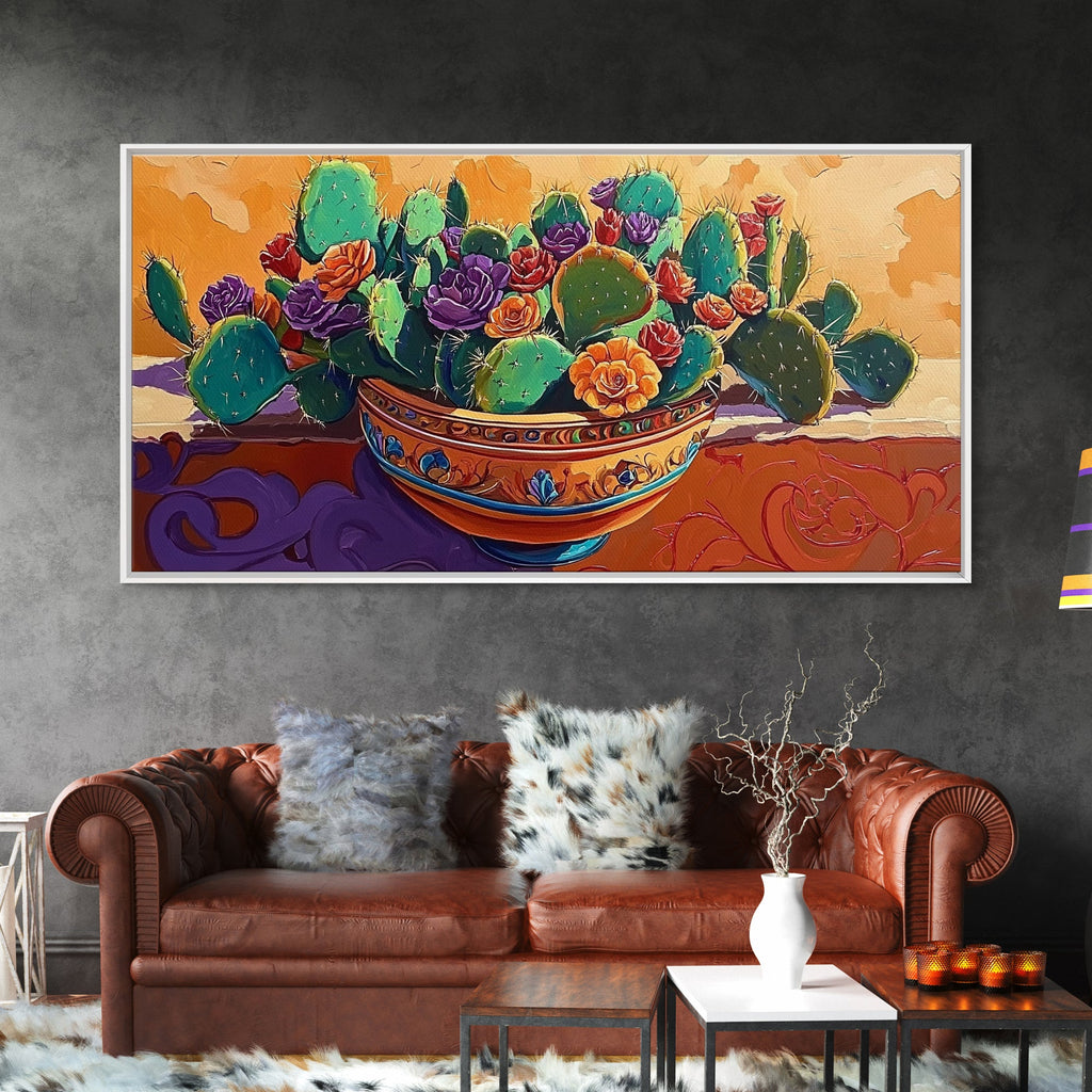 Cactus, Succulent, Pottery, Flowers, Canvas Print southwestern kitchen wall art, vibrant decor, colorful succulent painting