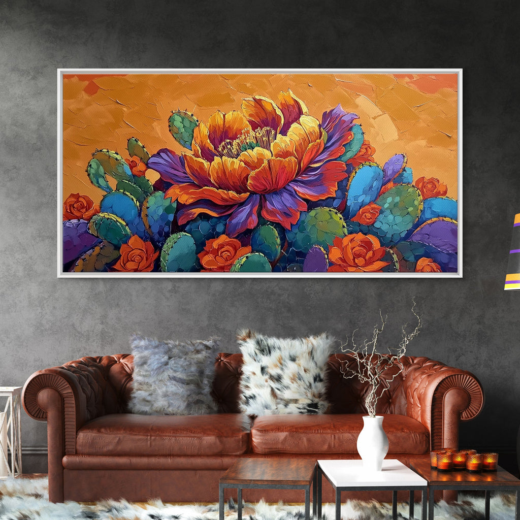 Cactus Bloom, Bold, Flowers, Blooming Cactus Flower Framed Canvas Print, Colorful Botanical Wall Art, Kitchen Boho Decor, Desert Art