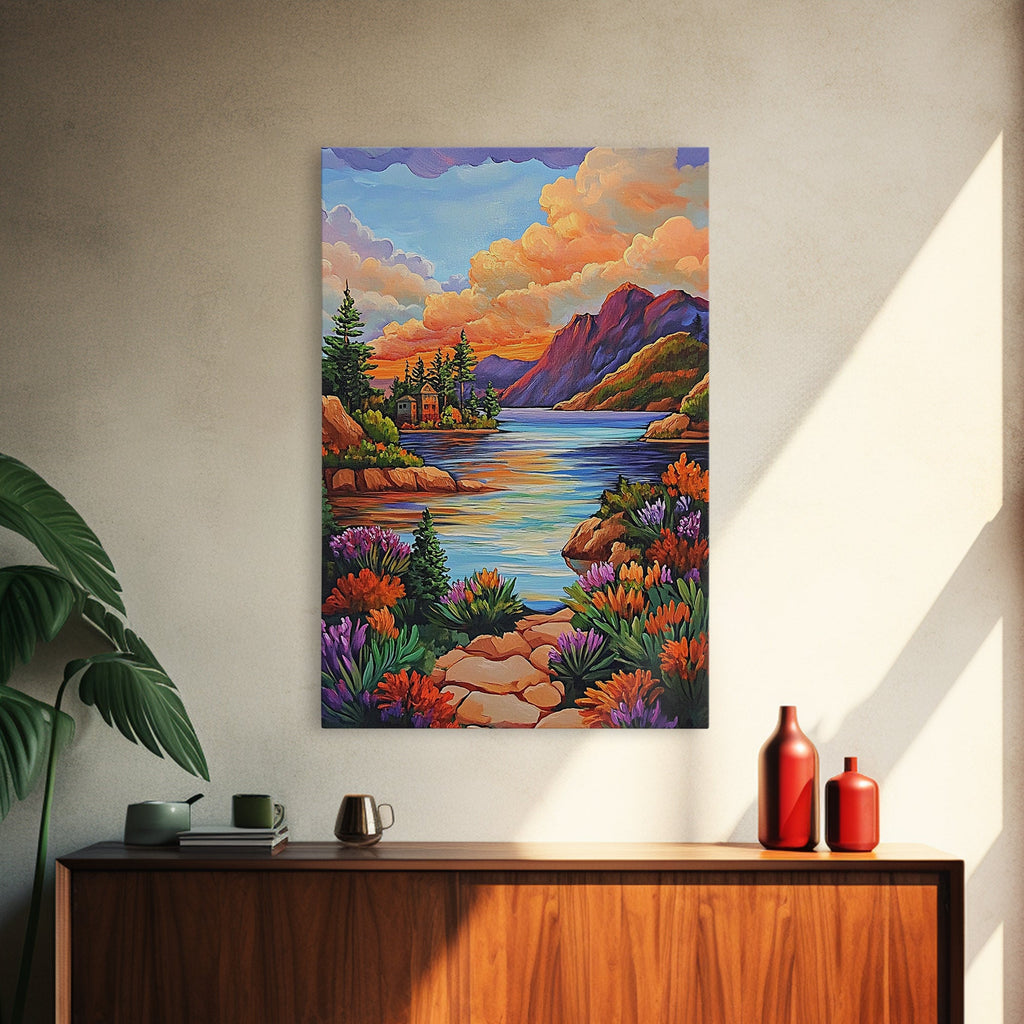 Lake Sunset, Mountains, Cabin, Framed Canvas Print, Serene mountain lake at sunset with cozy cabins, peaceful autumn living room wall art