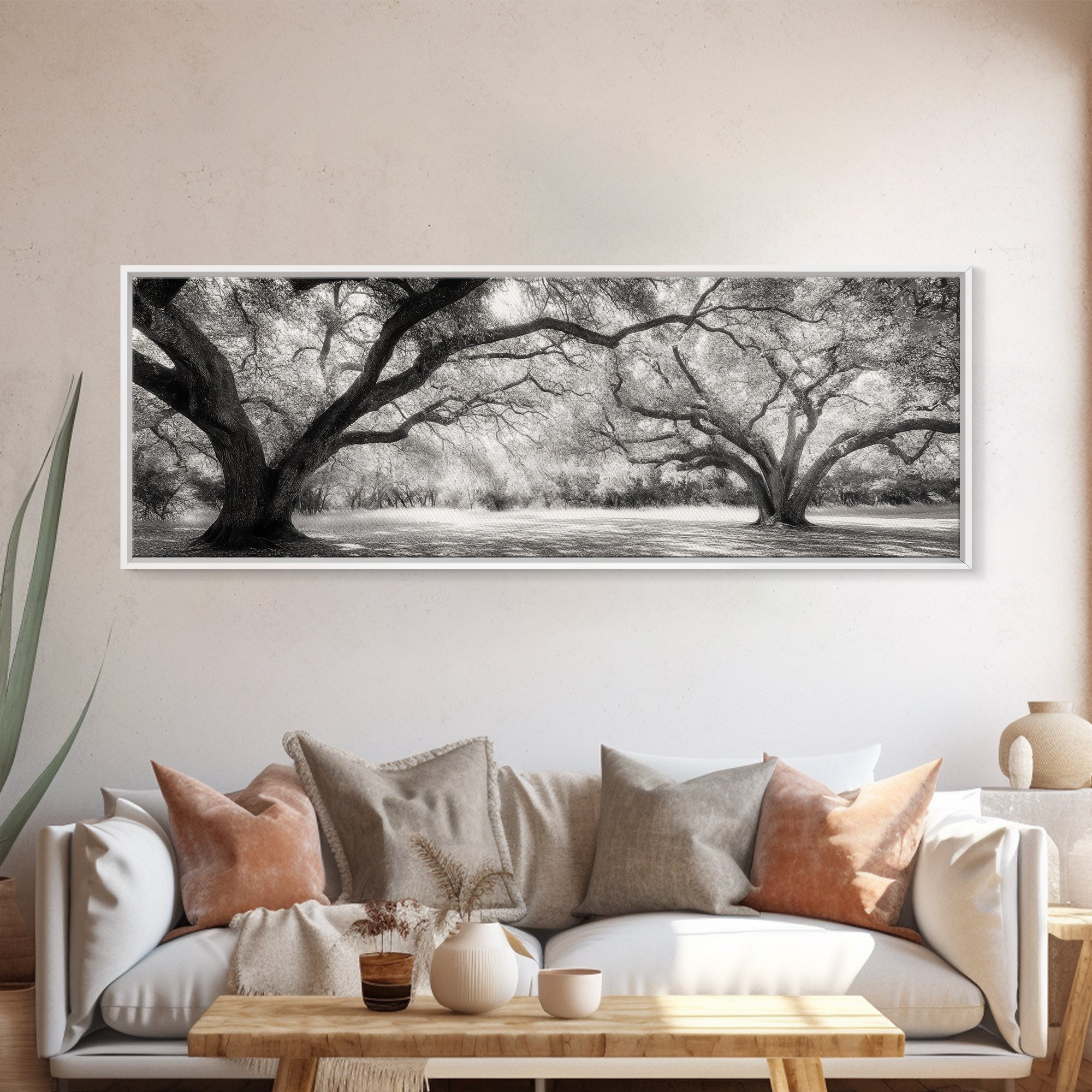 Sprawling Trees, Oak Forest, Sunlit Canopy, Majestic Branches, Canvas Print, Nature Wall Art, Boho Decor, Living Room Statement Piece