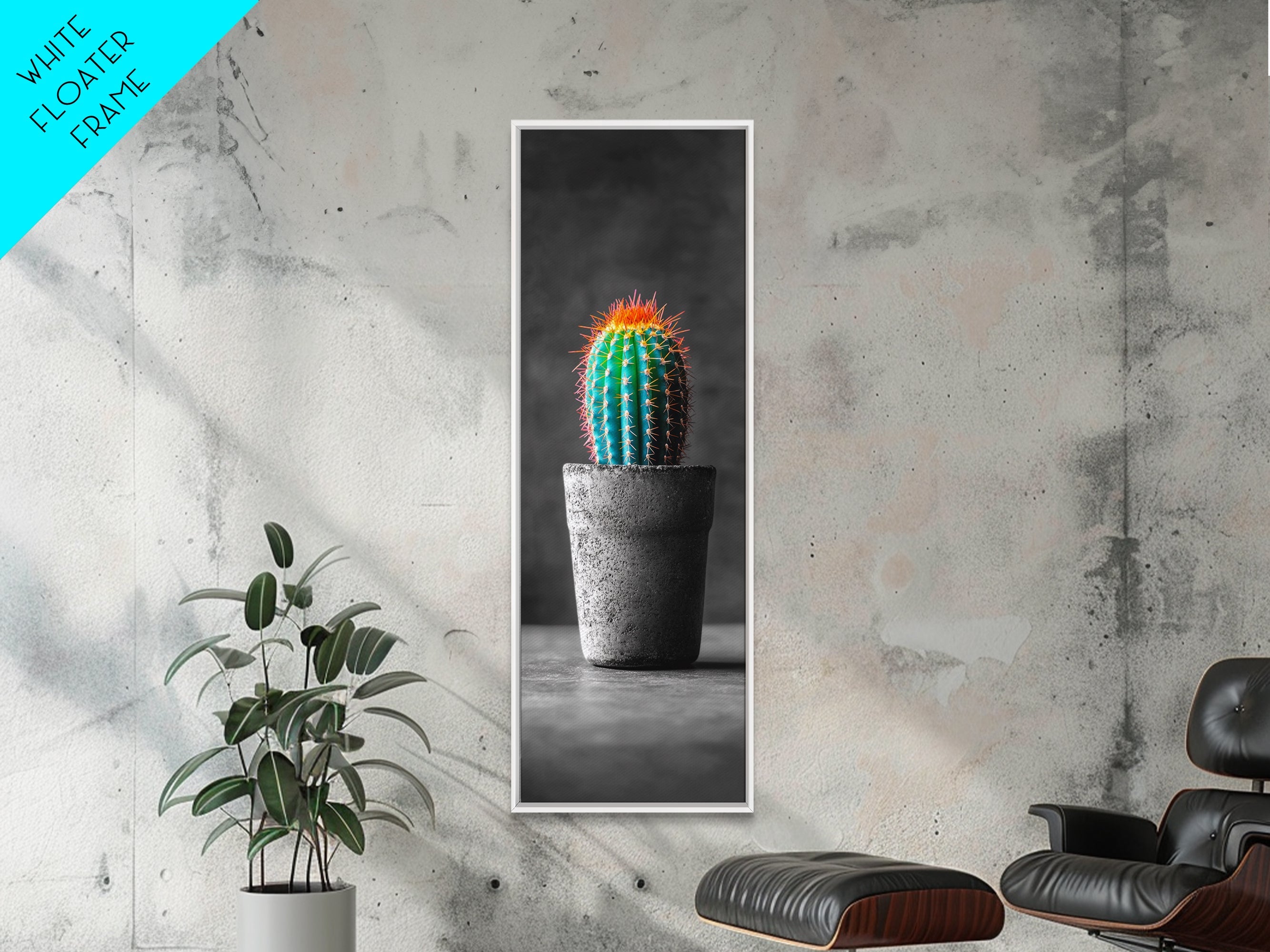 Neon Cactus, Desert Plant, Bold Botanical, Modern Boho Decor, Framed Canvas Print, Bedroom Wall Art, Color Pop Style