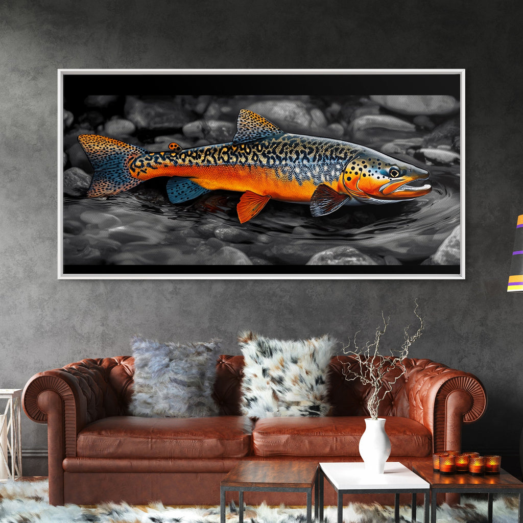 Rainbow Trout, Colorful Fish, Bold Patterns, River Stream – Framed Canvas Print, Fishing Wall Art, Cabin Decor, Rustic Wildlife