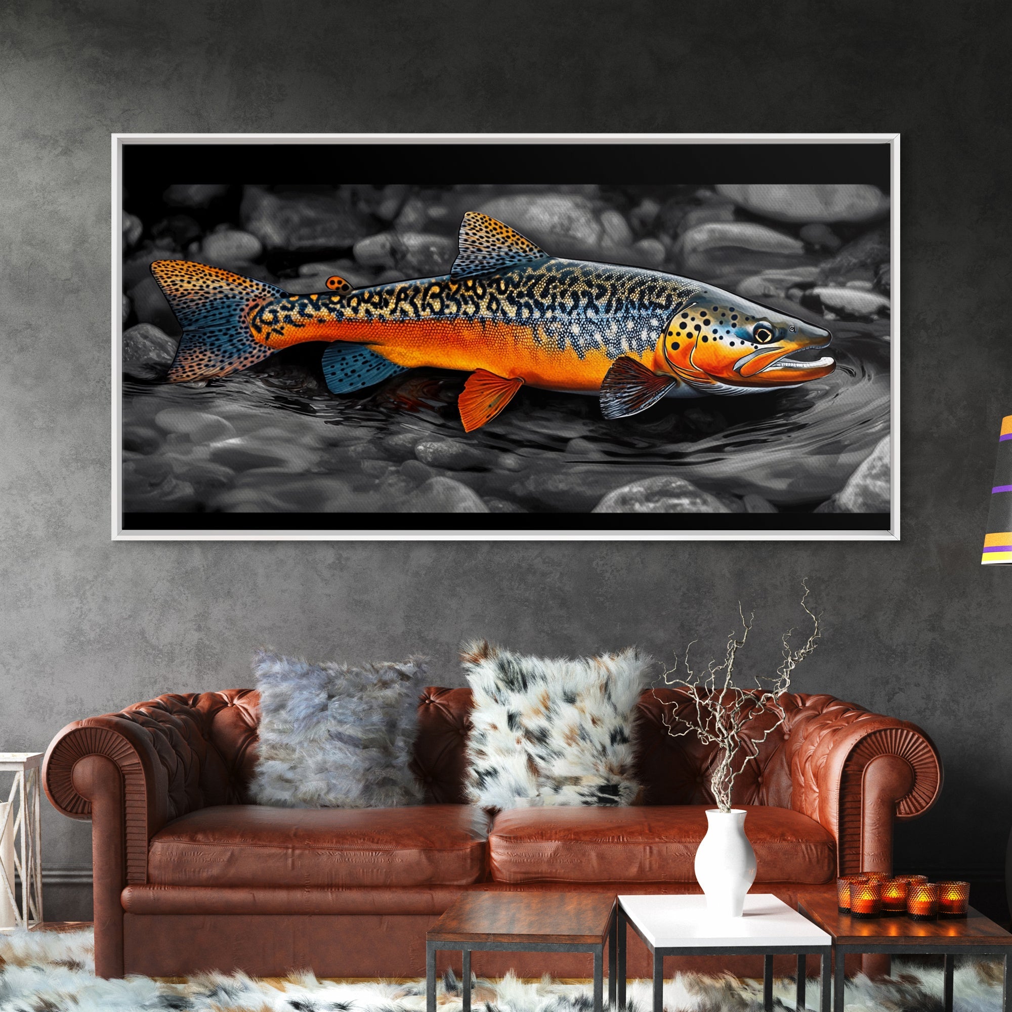 Rainbow Trout, Colorful Fish, Bold Patterns, River Stream – Framed Canvas Print, Fishing Wall Art, Cabin Decor, Rustic Wildlife