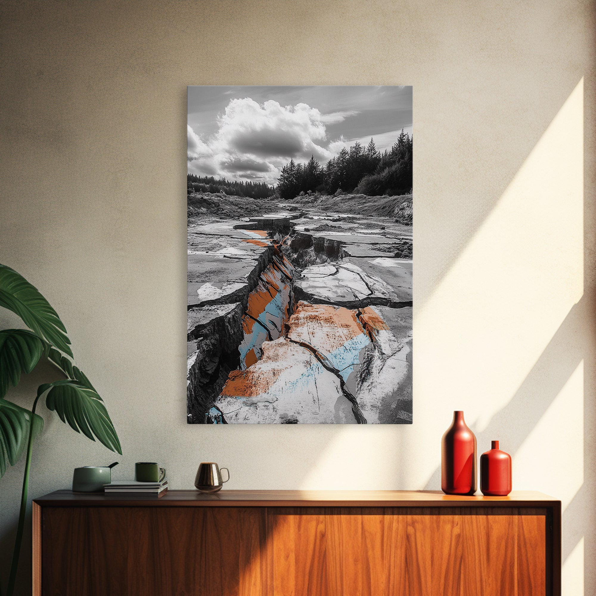 Cracked Earth, Desert Scene, Color Splash Photography, Framed Canvas Print, Modern Nature Wall Art, Industrial Decor, Earth Tones