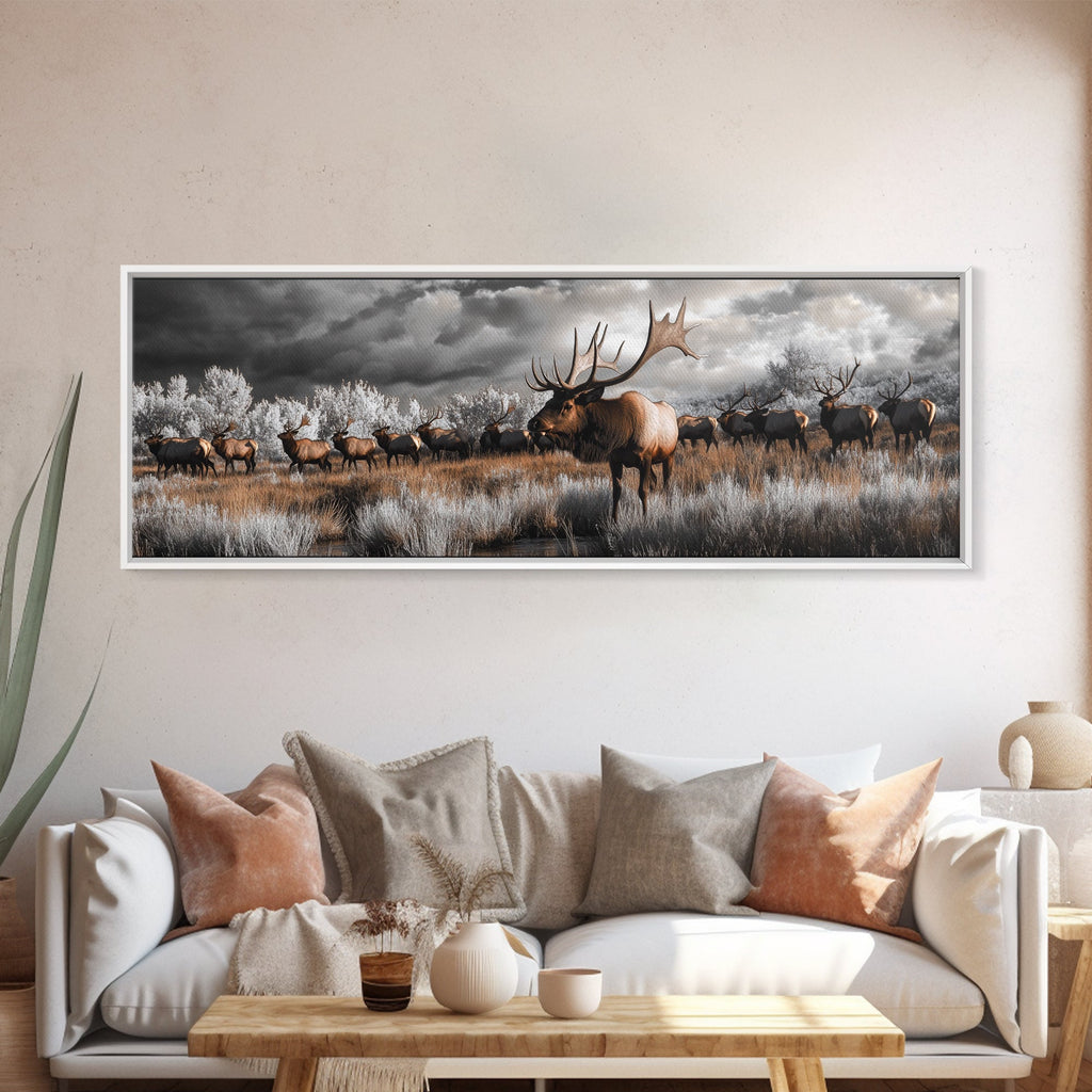 Elk Herd, Majestic Wildlife, Autumn Landscape, Framed Canvas Print, lodge decor, rustic mountain wall art, moody nature canvas