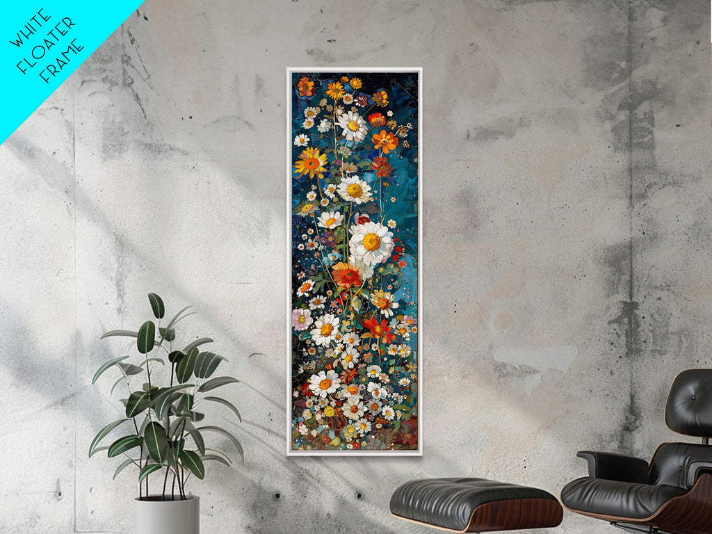 Tall Skinny Art of Vibrant Floral Mosaic on Blue Background as Framed Canvas Print for Bright Wall Decor and Home Interiors