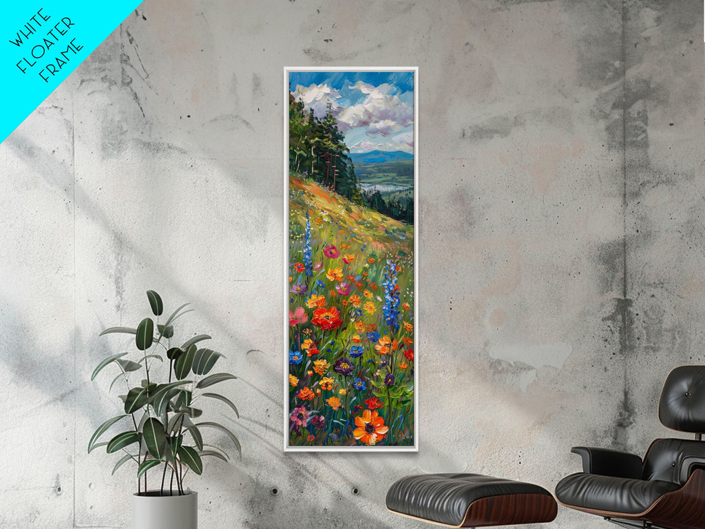 Wildflowers In Bloom, Framed Canvas Print, Skinny Panoramic Landscape Painting, Beautiful Wall Art, Gift Idea For Her, Housewarming