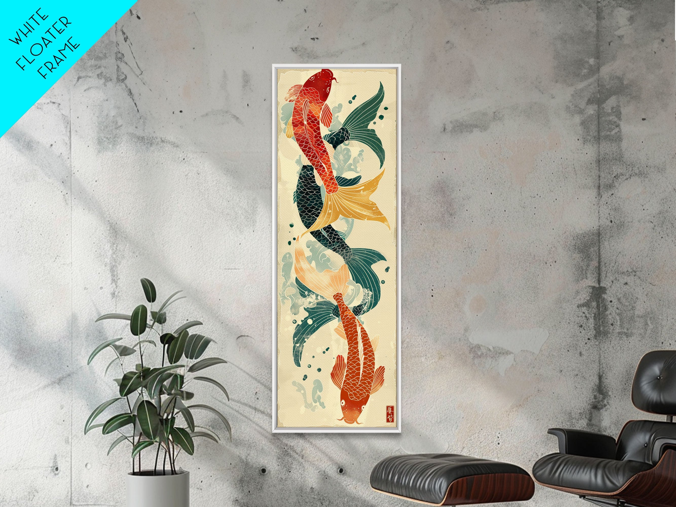 Ukiyo-e Art Of Two Koi Fish Intertwined In A Harmonious Composition, Skinny Art, Tall Art, Japanese Style Art, Wood Block Print, Framed Canvas Print