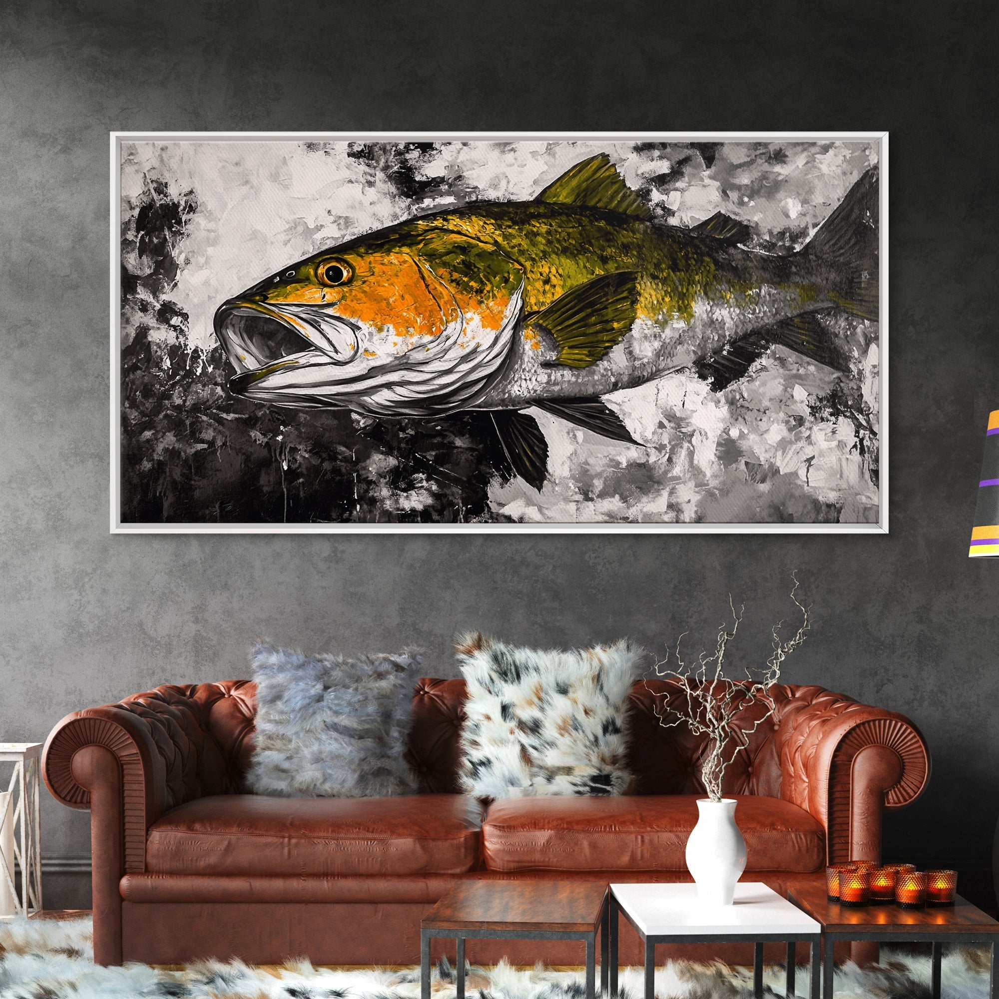 Trout Fish Art, Rustic Fishing Wall Art, Wildlife Painting, Extra Wide Art, Nature Lover Gift, Framed Canvas Print, Cabin Wall Decor