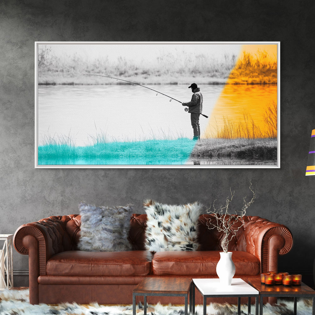 Fisherman at Twilight, fly fishing art, fisherman painting, moody art, nature wall art, rustic decor, panoramic painting, Canvas Print