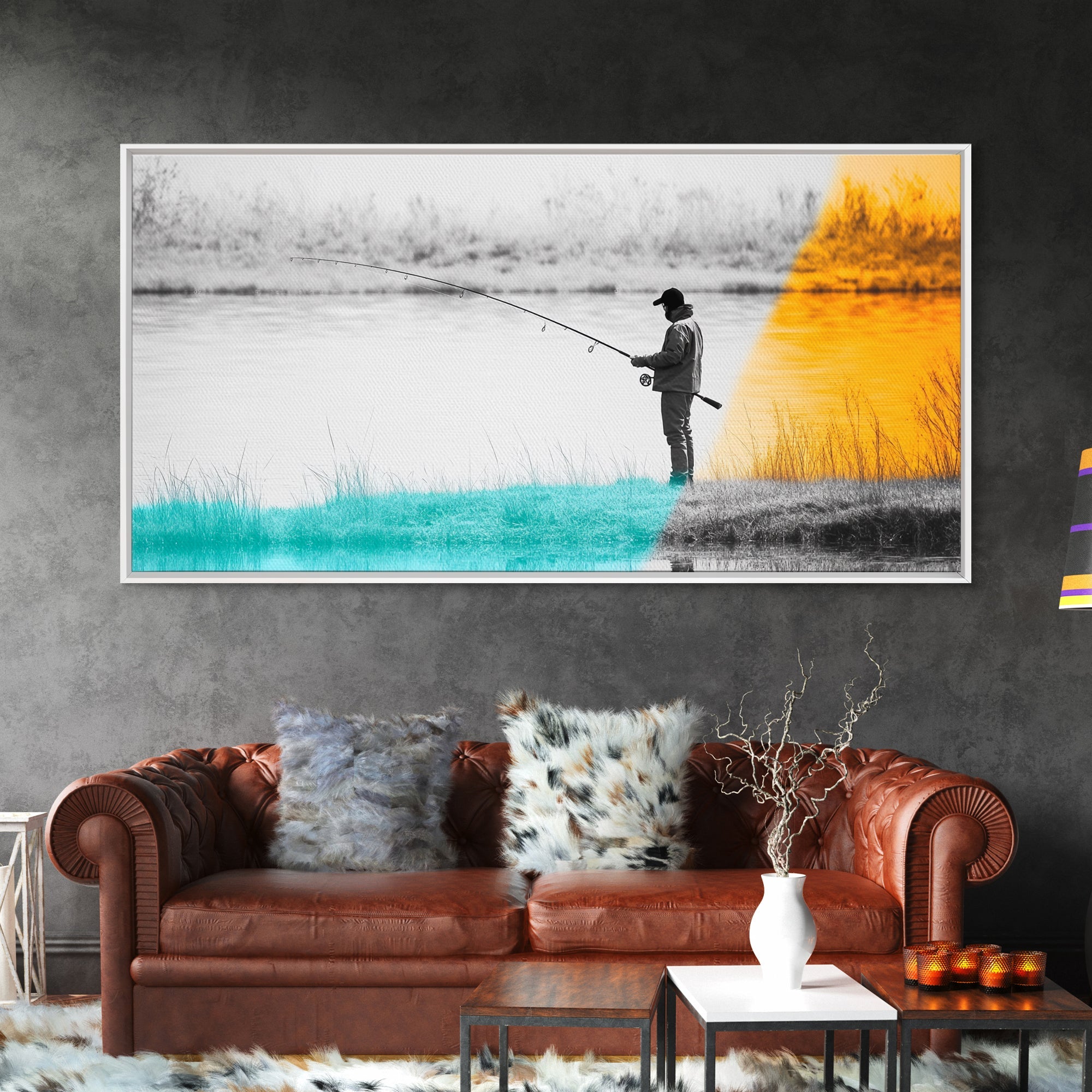 Fisherman at Twilight, fly fishing art, fisherman painting, moody art, nature wall art, rustic decor, panoramic painting, Canvas Print
