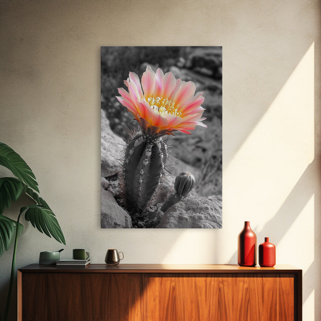 Blooming cactus, botanical print, desert flora, framed canvas print, nature decor, succulent wall art, pink flowers, southwest painting