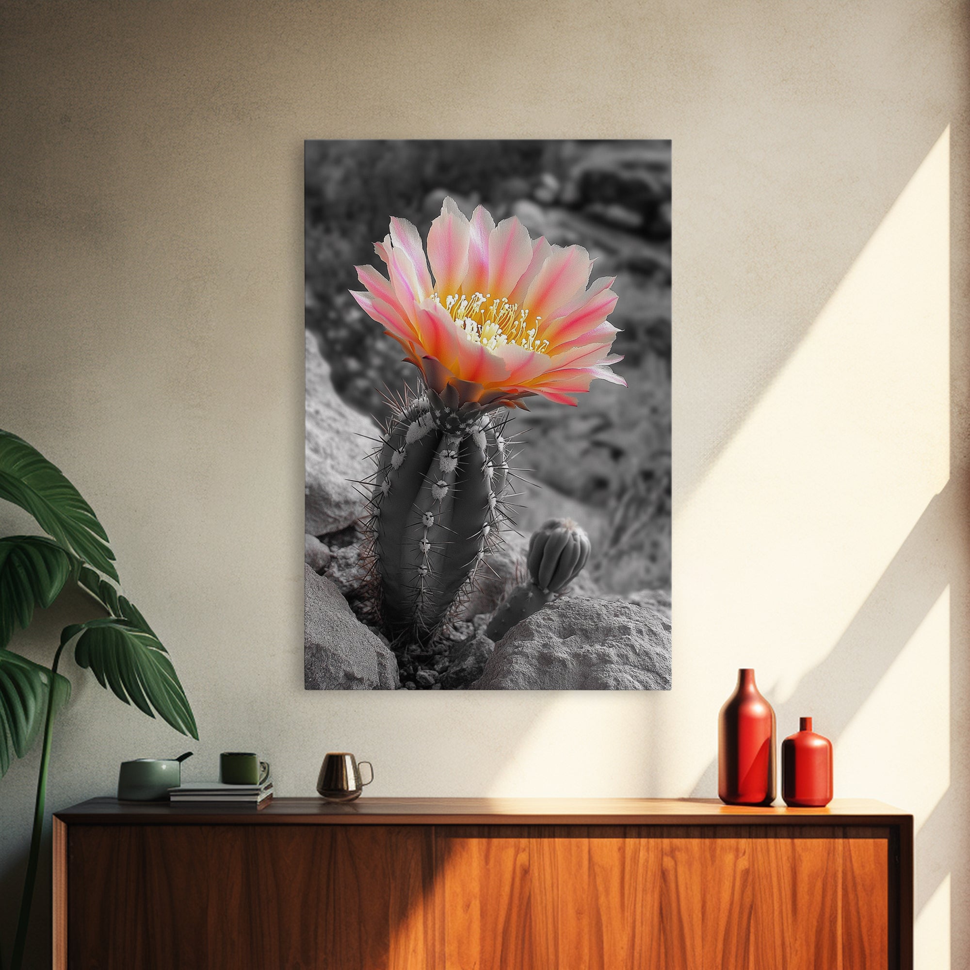 Blooming cactus, botanical print, desert flora, framed canvas print, nature decor, succulent wall art, pink flowers, southwest painting