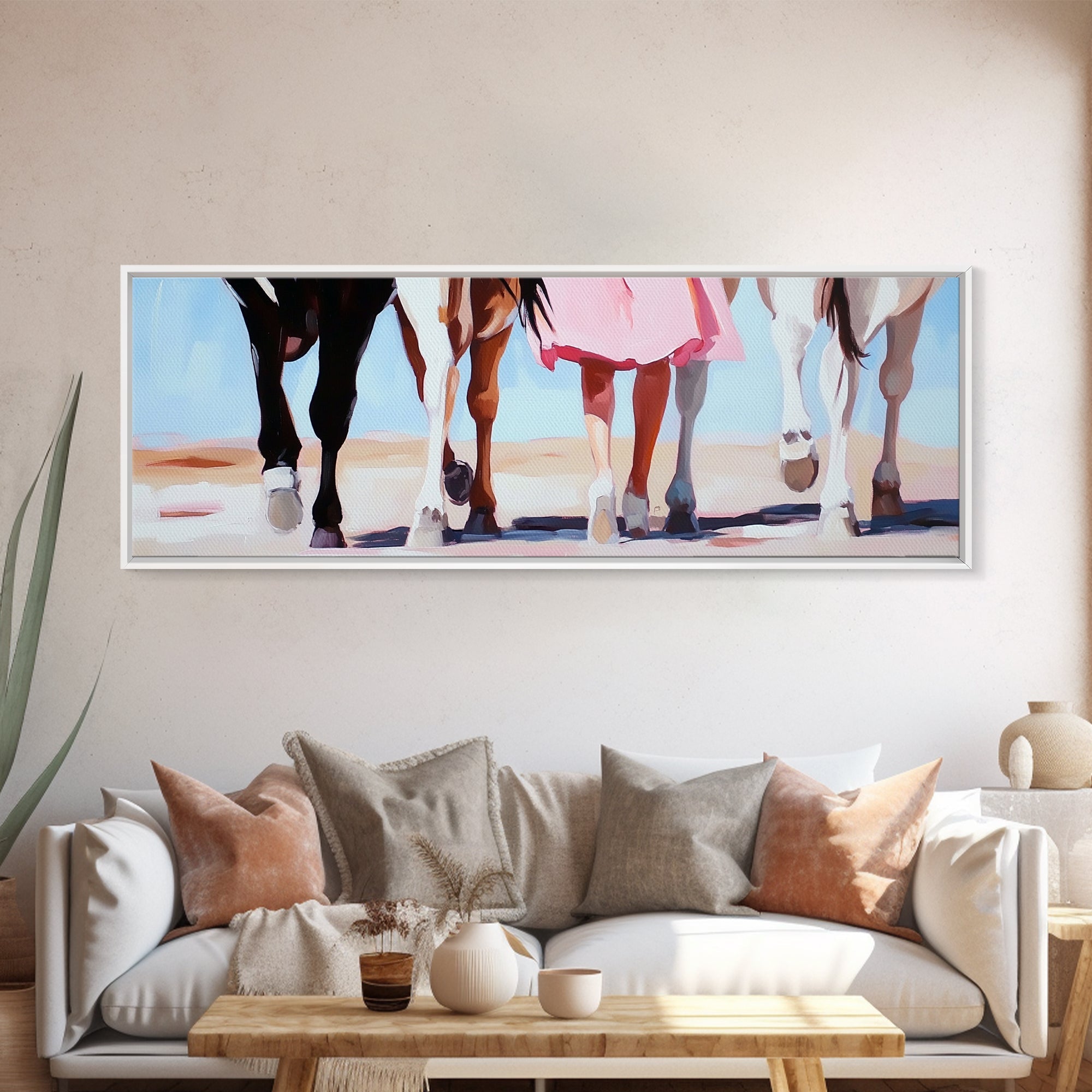 Horse Walk, western art, cowboy painting, rustic decor, extra wide art, panoramic art, framed canvas print, long narrow wall art