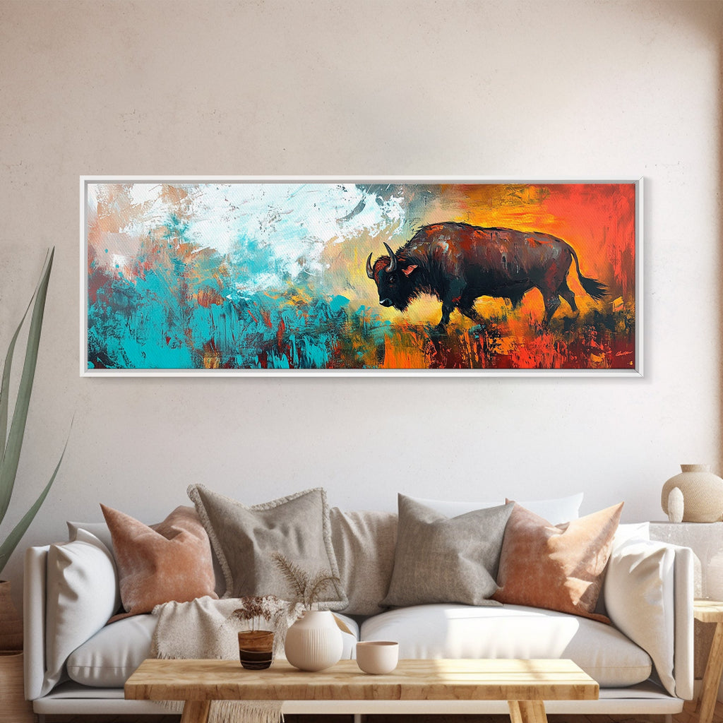 Abstract bison, rustic decor, teal wall art, western painting, bold color art, boho art, extra wide art, framed canvas print