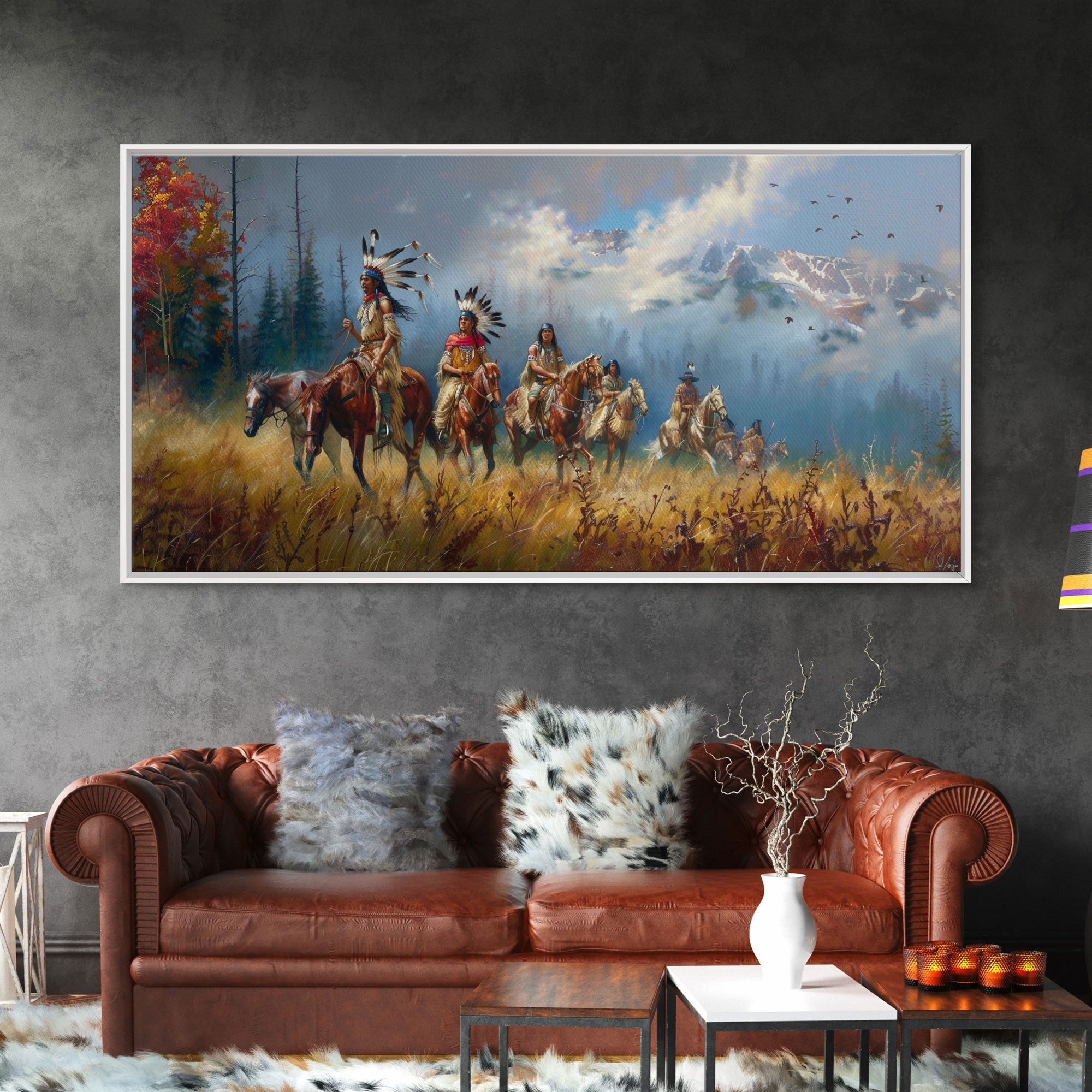 Native American Warriors on Horseback in Autumn Forest, Perfect Wall Art, Framed Canvas Print Living Room or Bedroom Decor, Historical Art