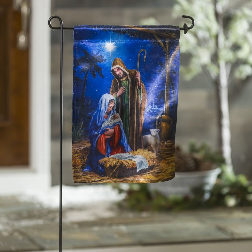 Holy Night Nativity Christmas Garden Flag 2 Sided Lustre