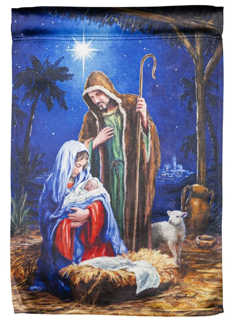 Holy Night Nativity Christmas Garden Flag 2 Sided Lustre