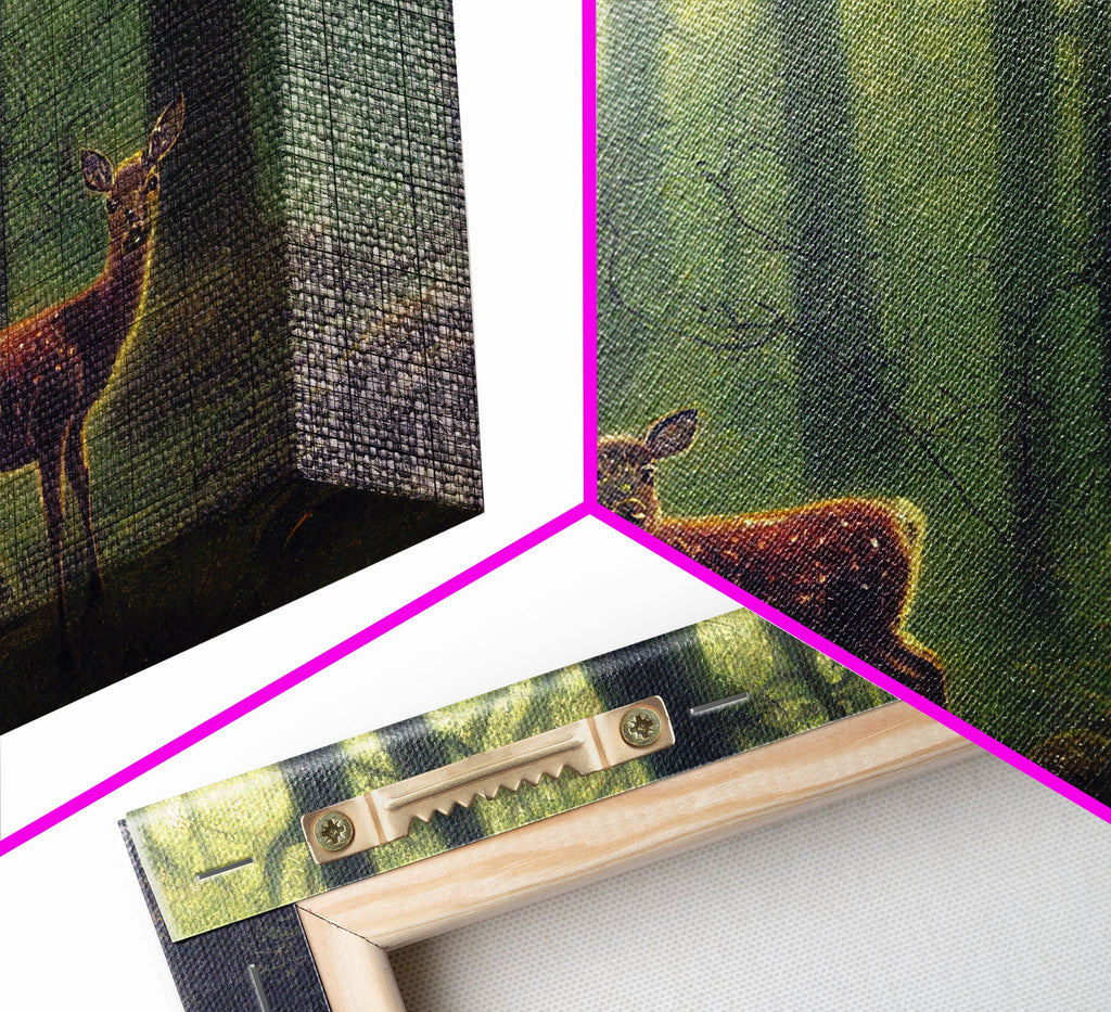 Does in a majestic forest, whitetail deer art, framed canvas print, ready to hang framed wall art