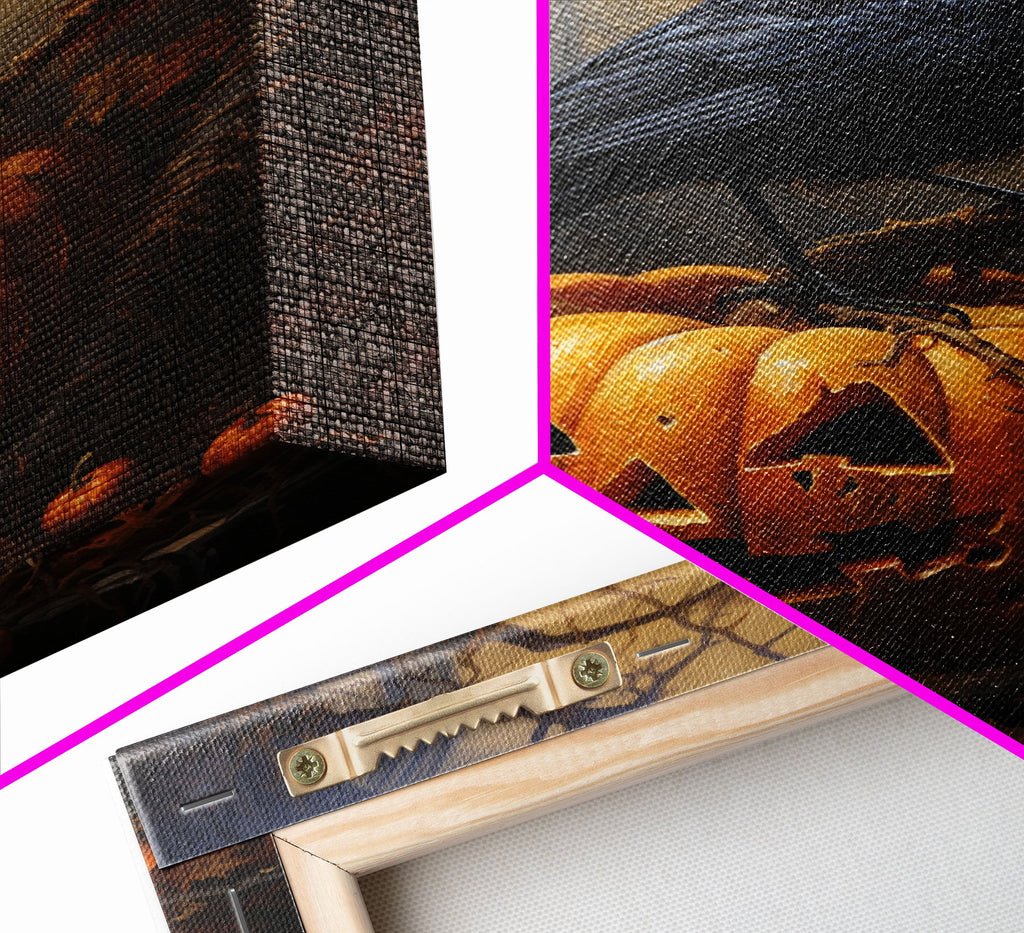 Raven Atop A Jack O Lantern, Framed Canvas Print, Halloween Decor, Raven Painting, Victorian Oil Painting Print, Macabre Horror, Witch Art