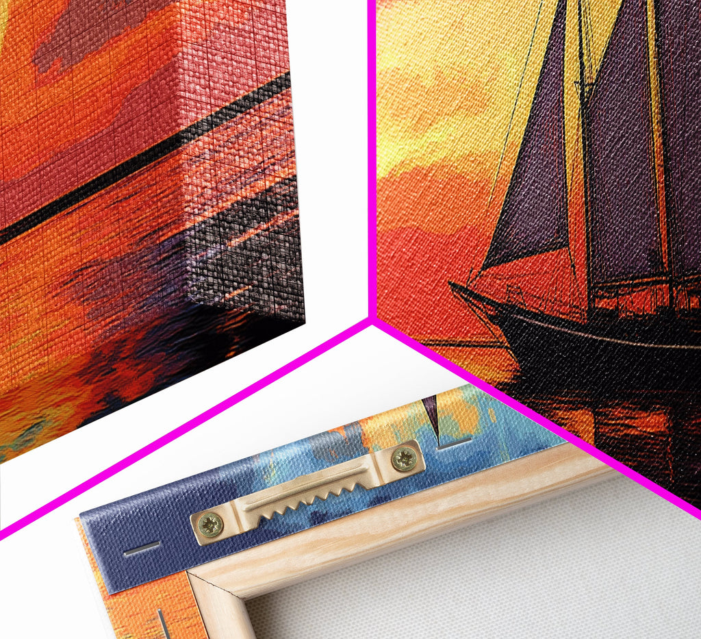 Pirate Ship at Sunset Framed Canvas Print - Panoramic Wall Art - Sailboat Painting - Sail Boat Art - Nautical Decor - Lake House Art